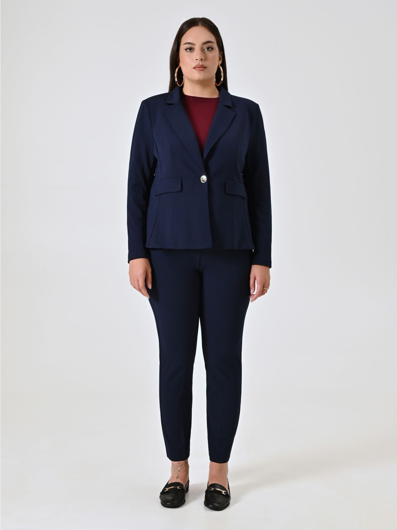 Curvy-Jacke mit einem Knopf in Blau det_1