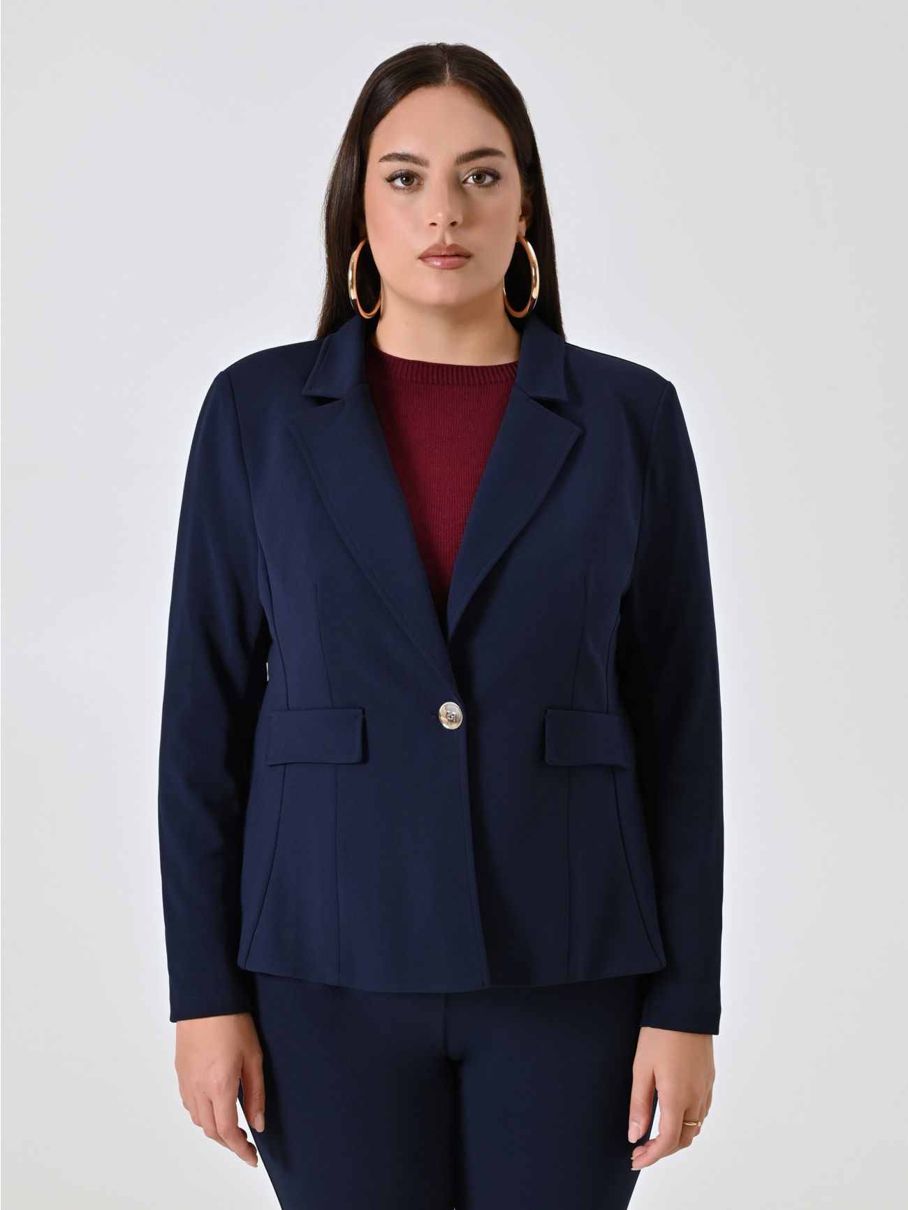 Curvy-Jacke mit einem Knopf in Blau det_2