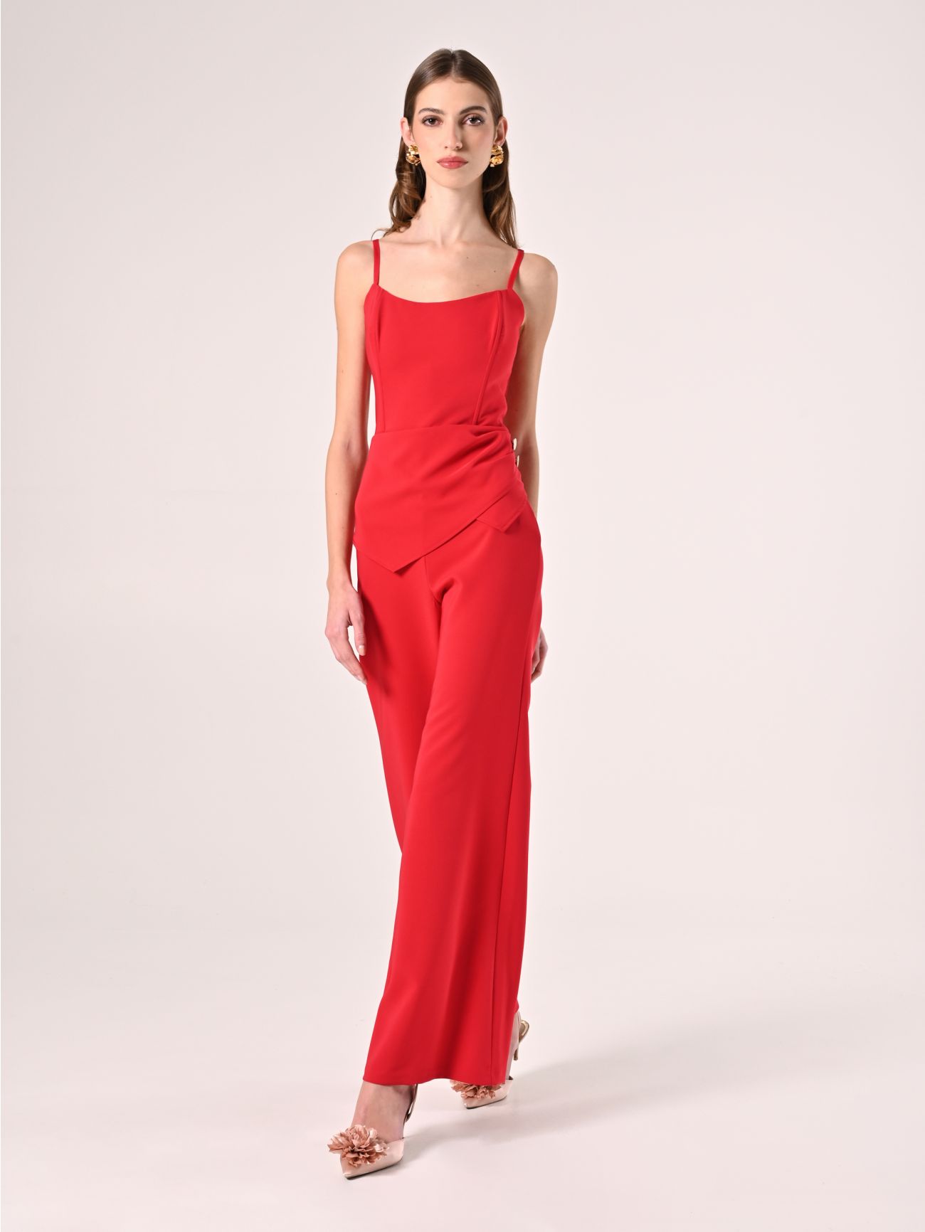 Red Jumpsuit with Bustier Neckline in_i7