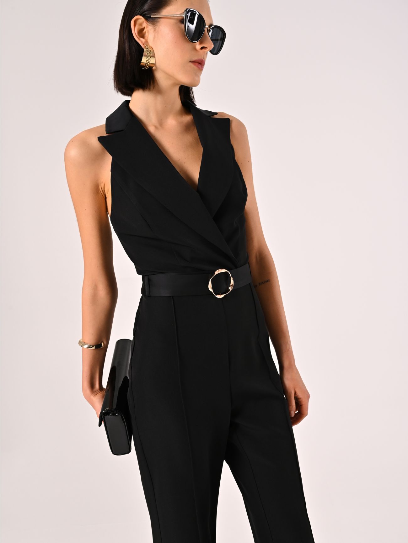 Black Jumpsuit with Lapels in Technical Fabric  Rinascimento