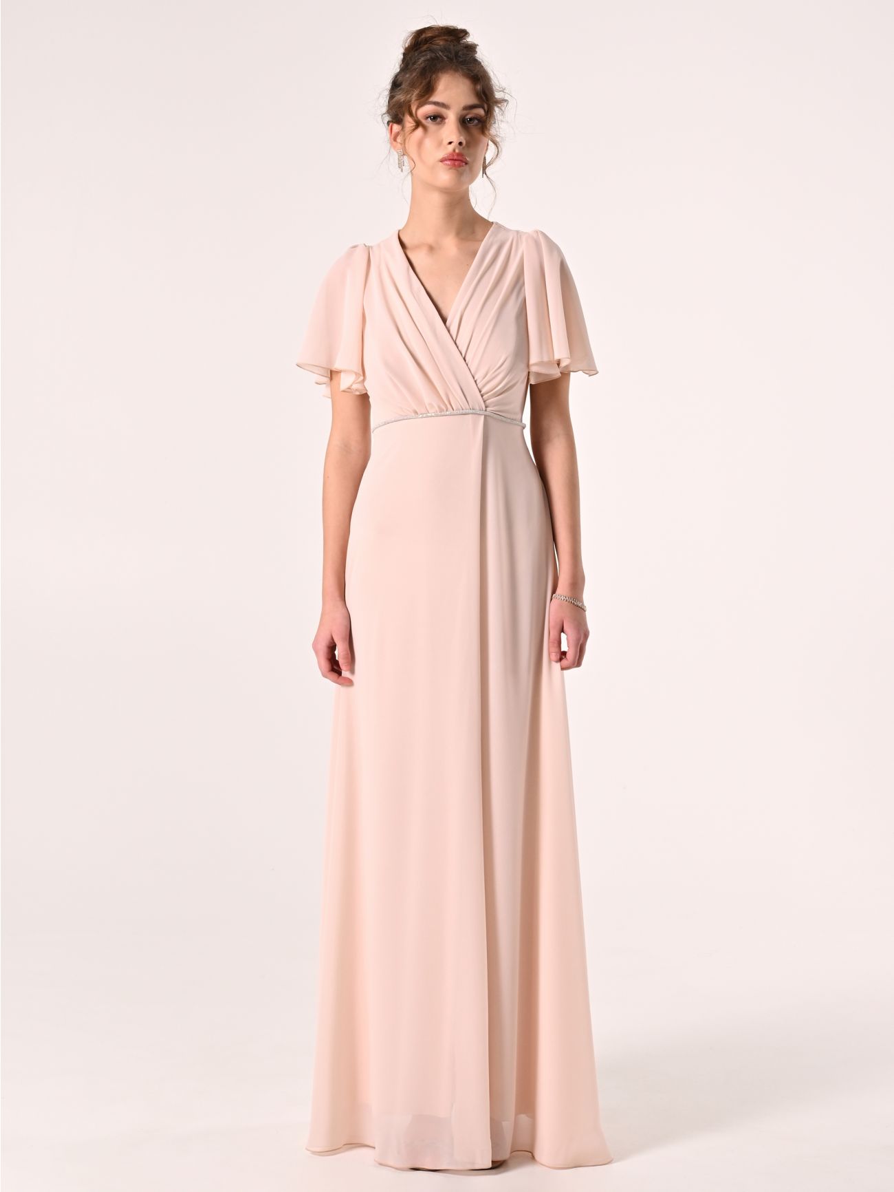 Vestido largo de georgette con ribete de pedrería det_1