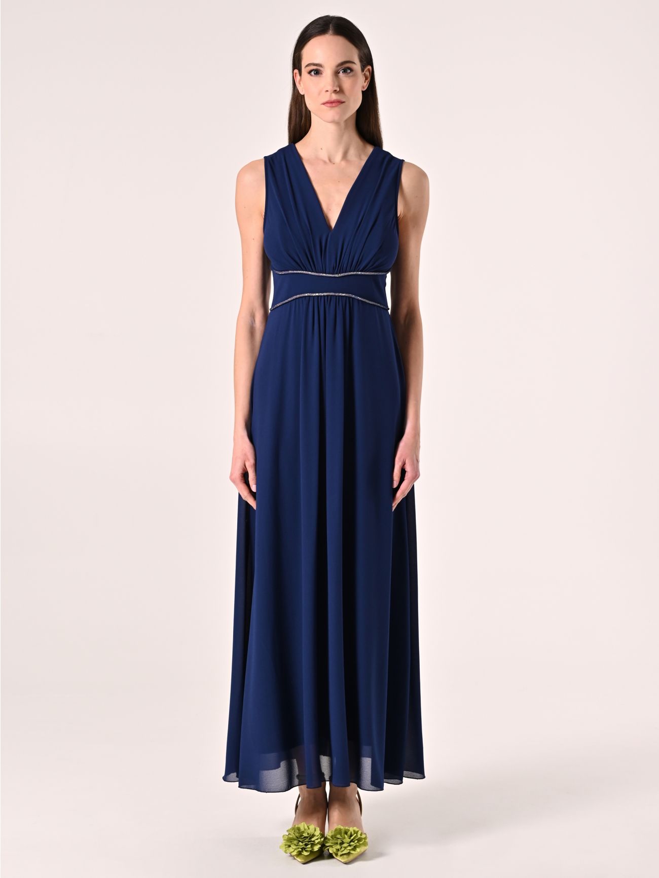 Abito Blu Lungo con Piping Strass det_1