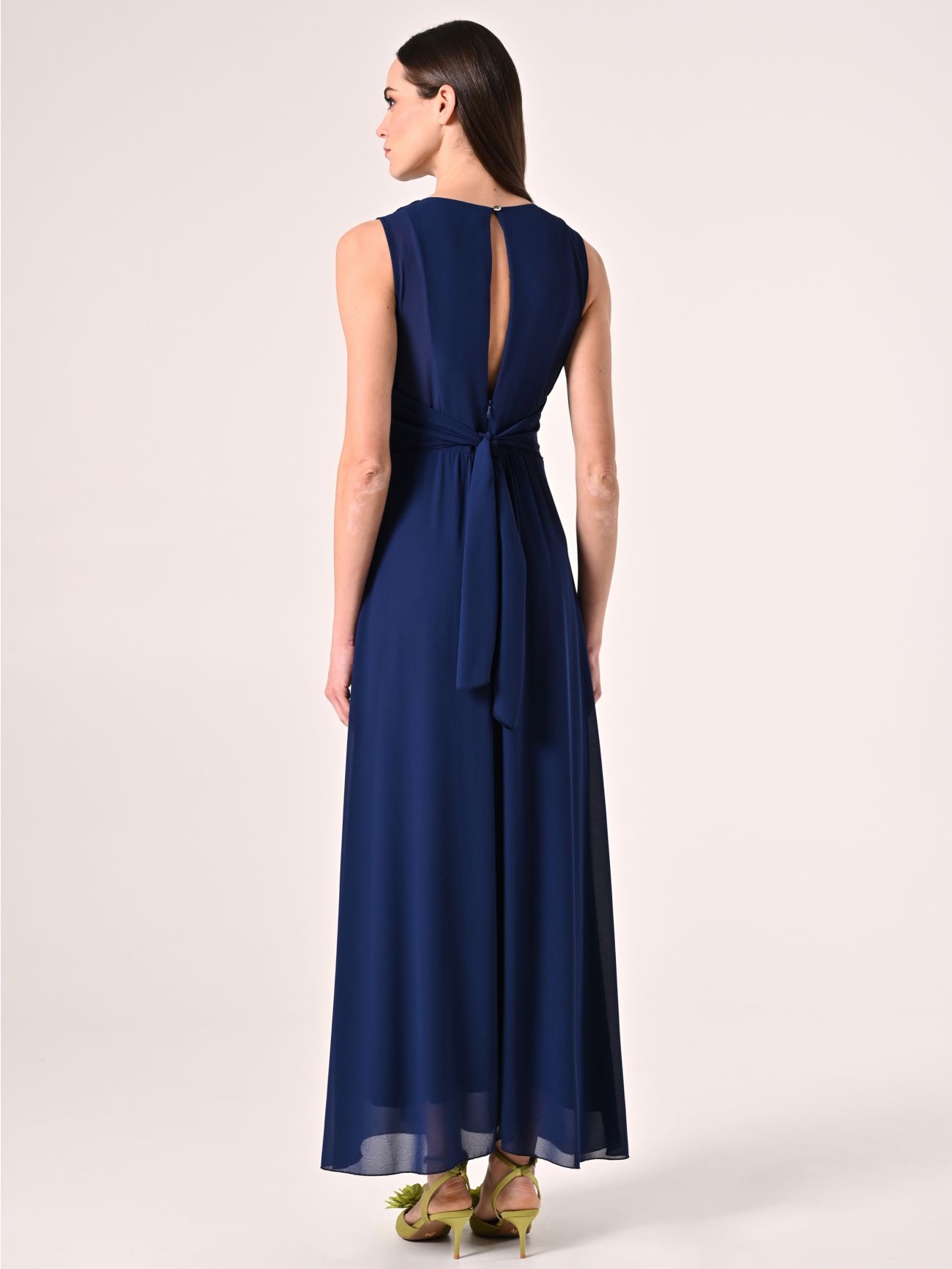 Abito Blu Lungo con Piping Strass det_3