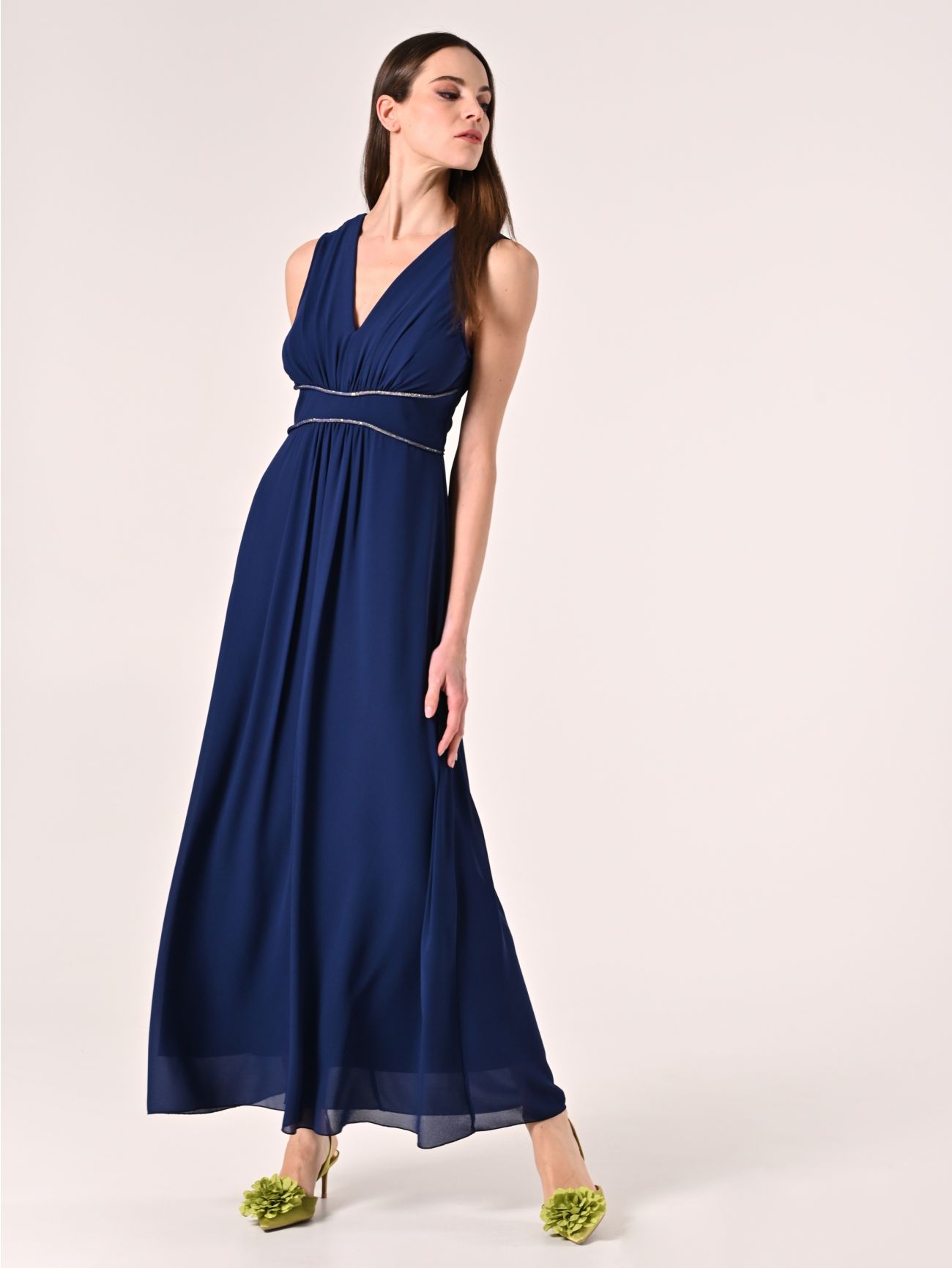 Abito Blu Lungo con Piping Strass in_i7