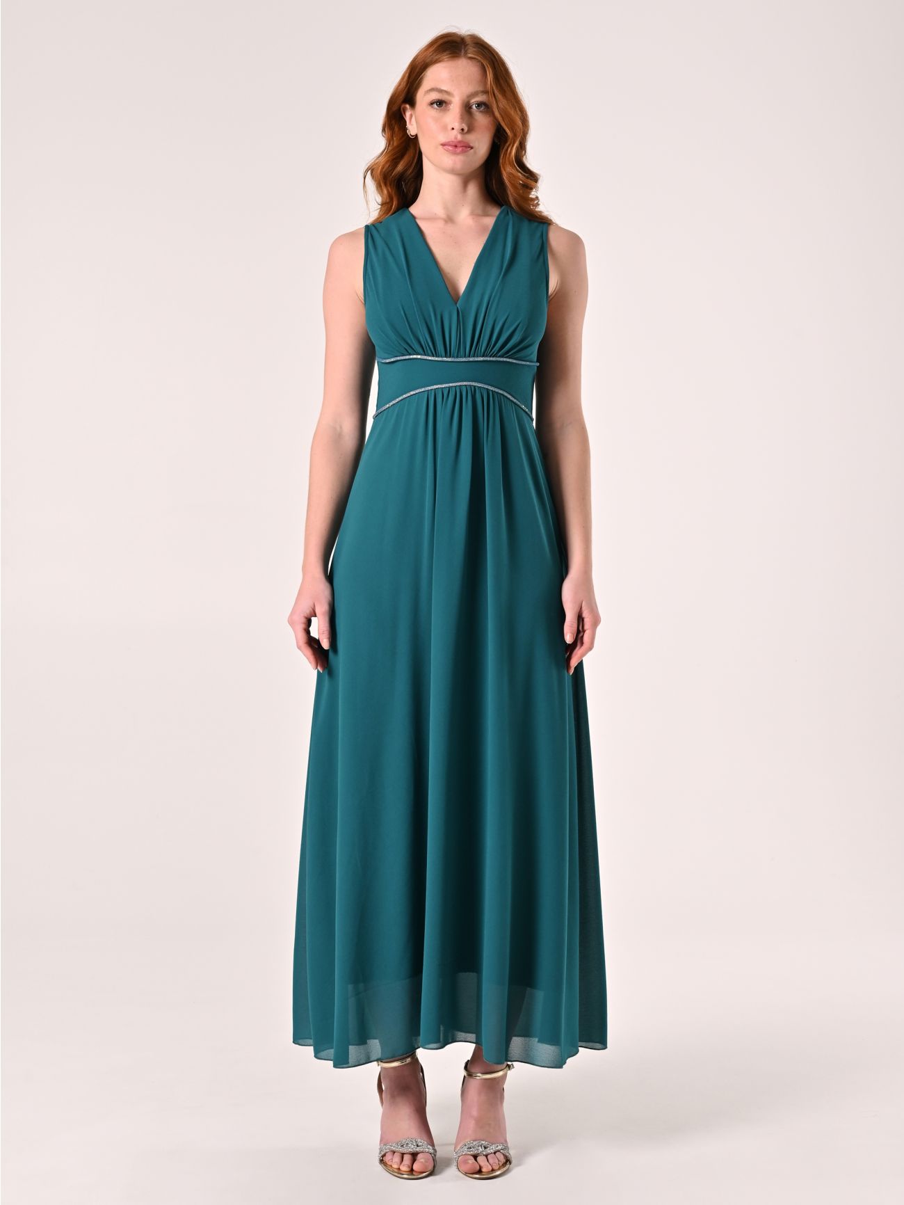 Abito Verde Reale Lungo con Piping Strass det_1