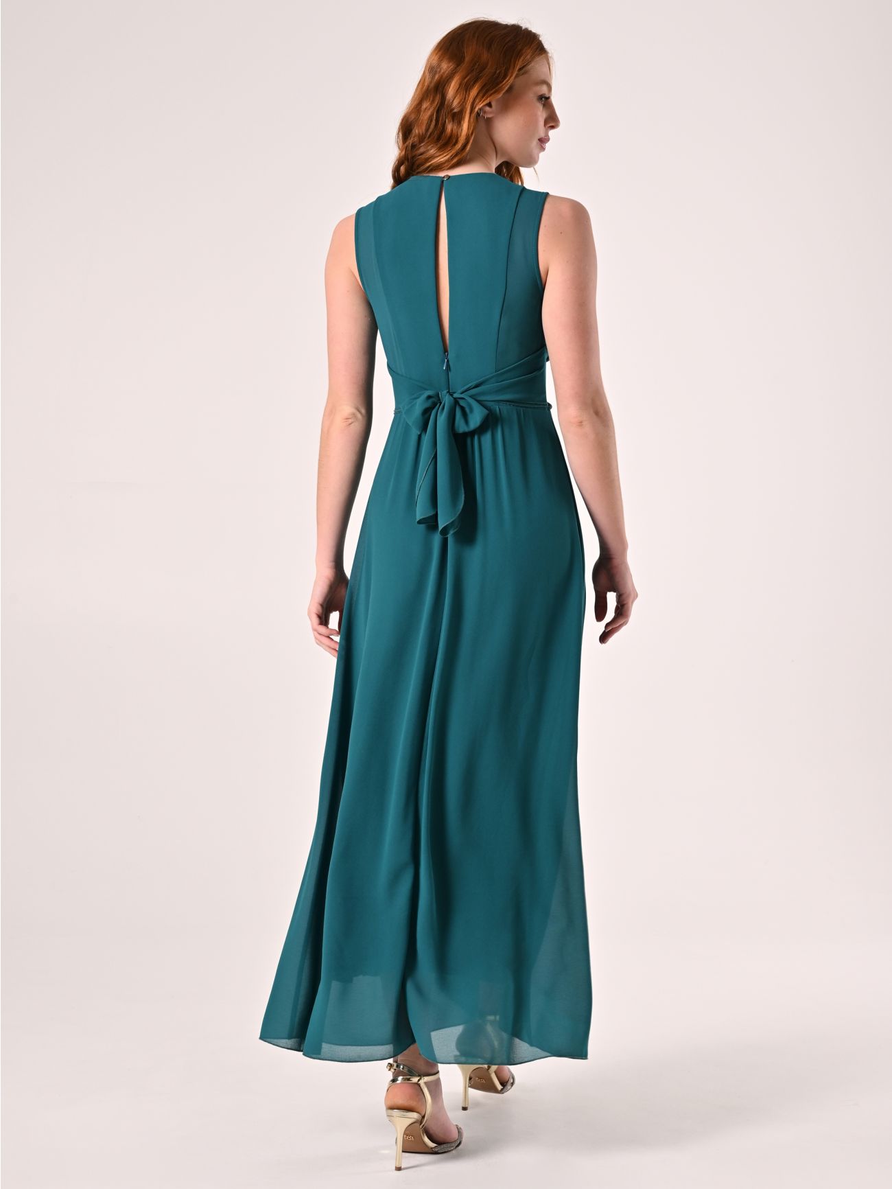 Abito Verde Reale Lungo con Piping Strass det_3
