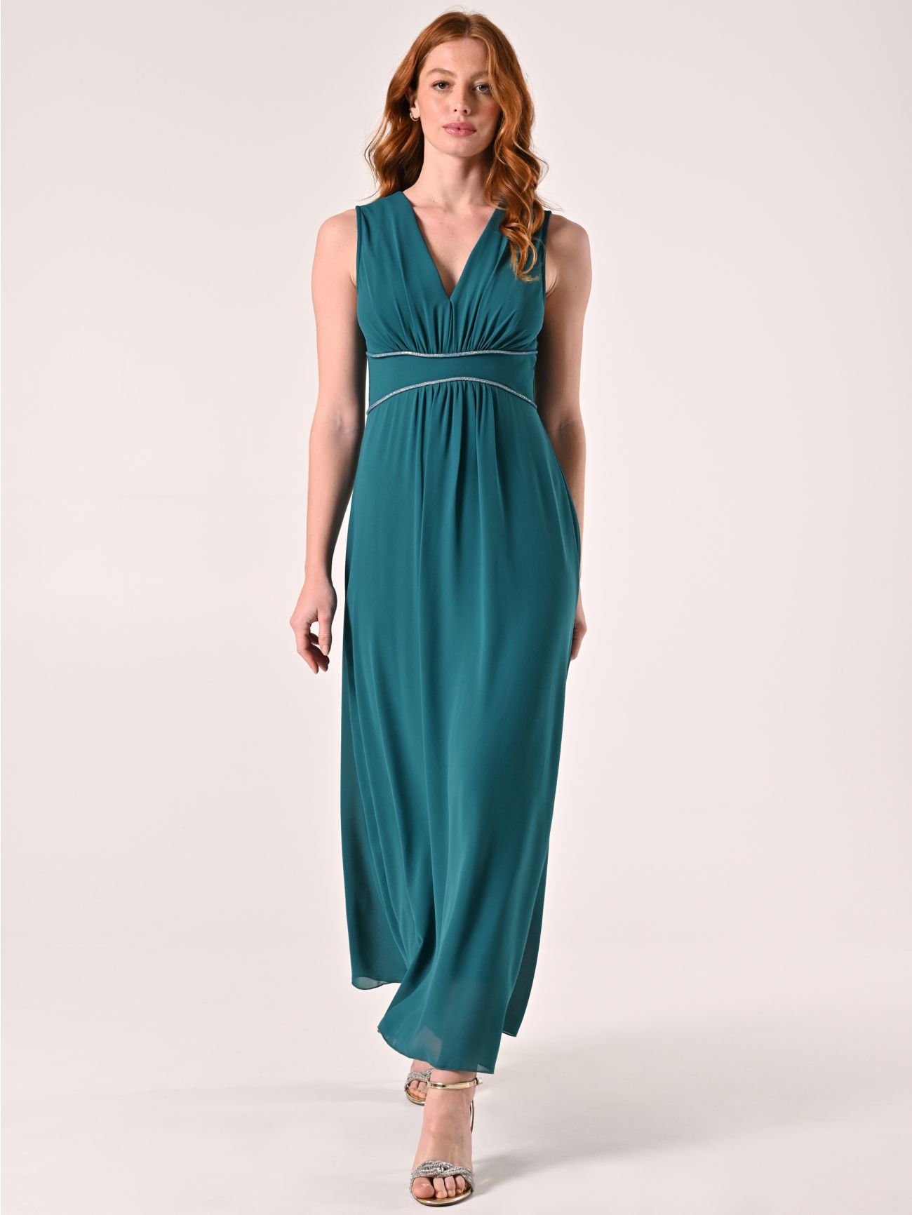 Abito Verde Reale Lungo con Piping Strass in_i7