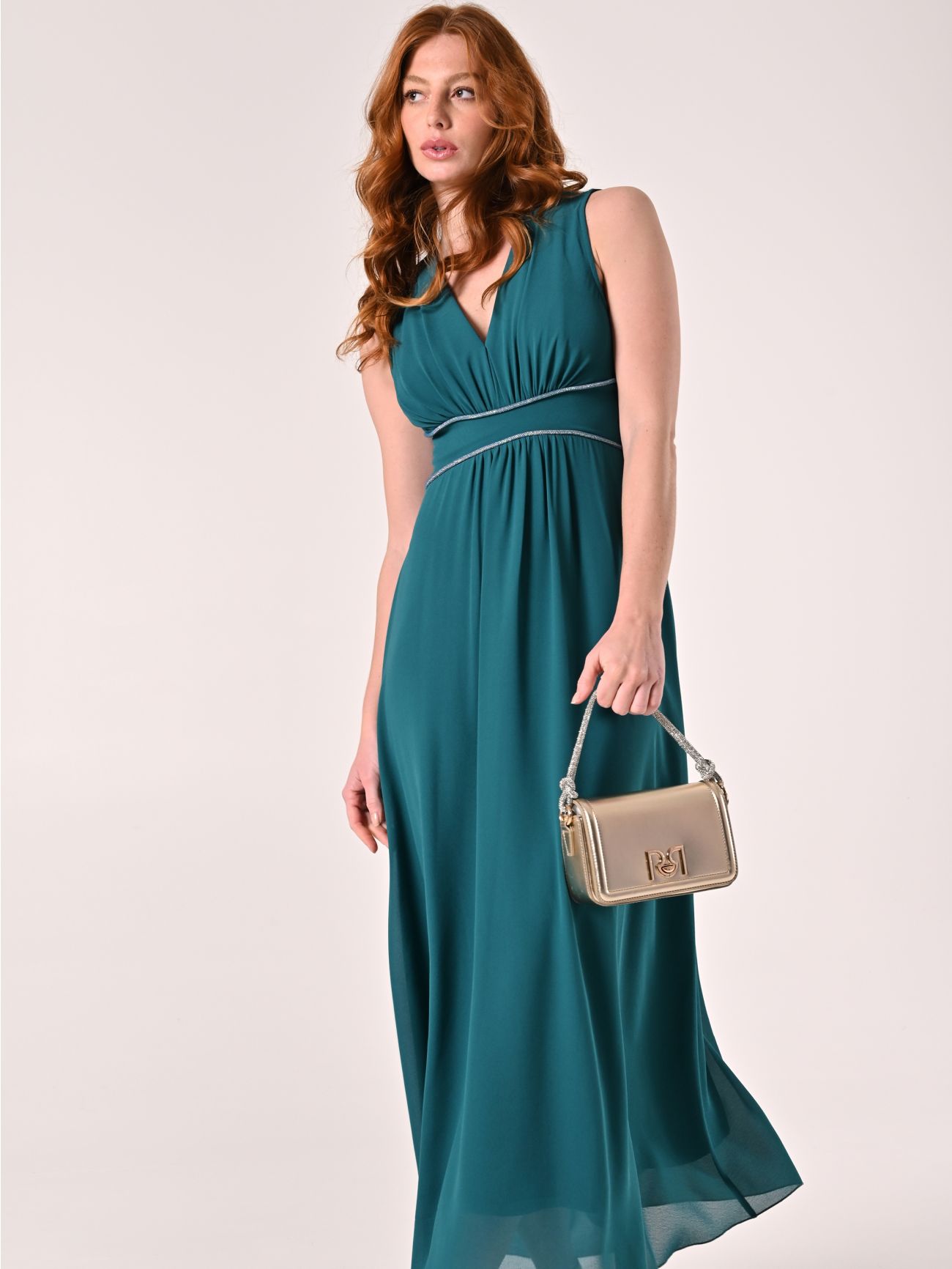 Abito Verde Reale Lungo con Piping Strass sp_e1