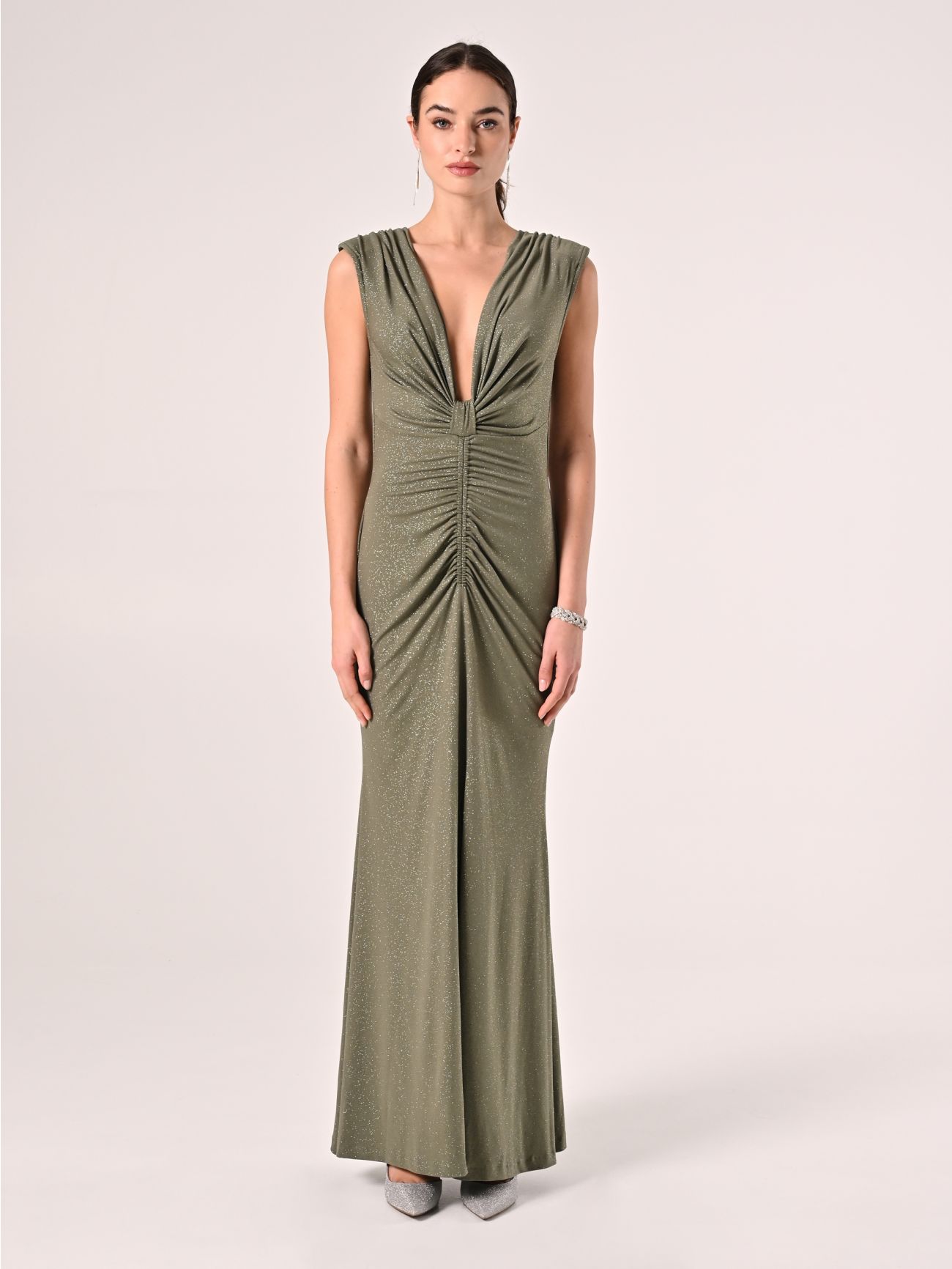 Abito Lungo Verde Militare con Glitter det_1