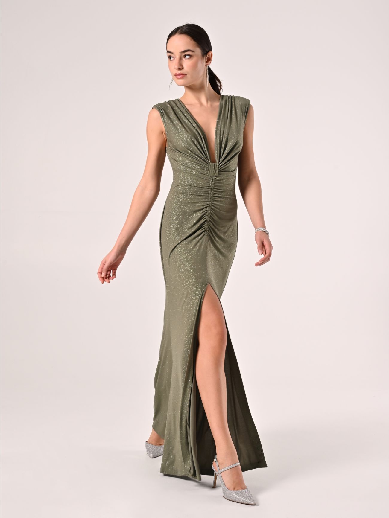 Abito Lungo Verde Militare con Glitter in_i7