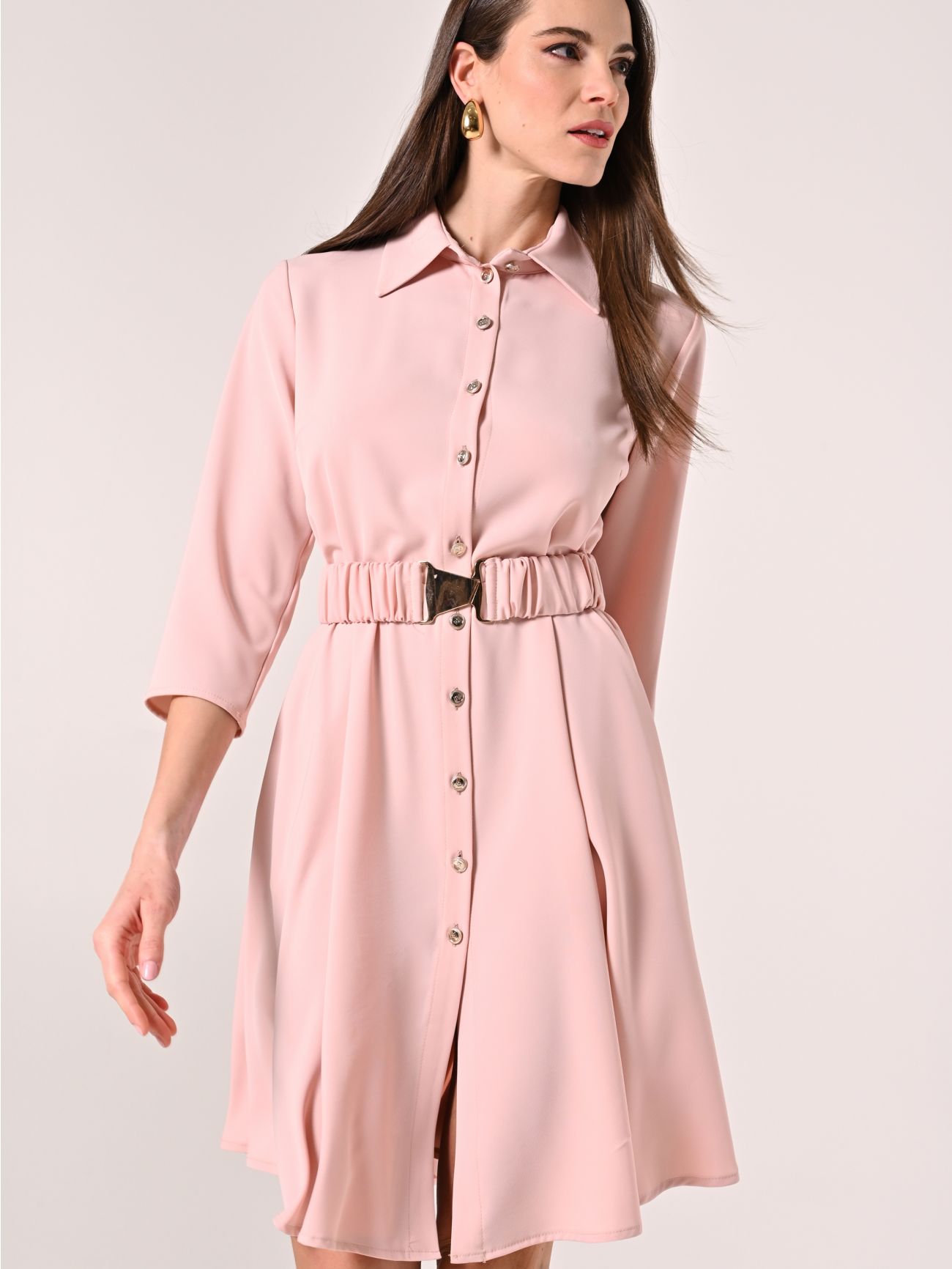 Pink Shirt-Dress in Cady with Ruched Belt in_i7