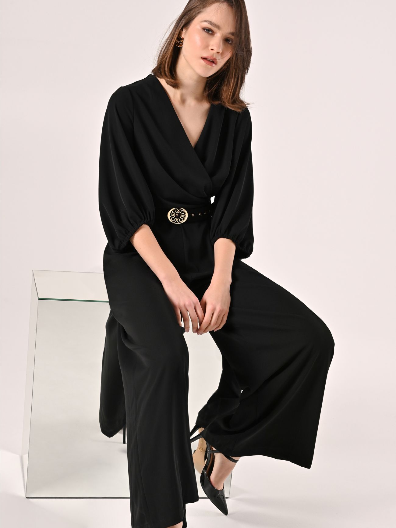 Black Jumpsuit with Monogram Belt  Rinascimento