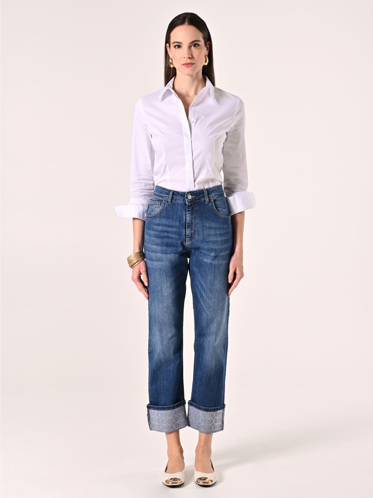 Jeans with Cuffed Hem and Rhinestone Logo det_1