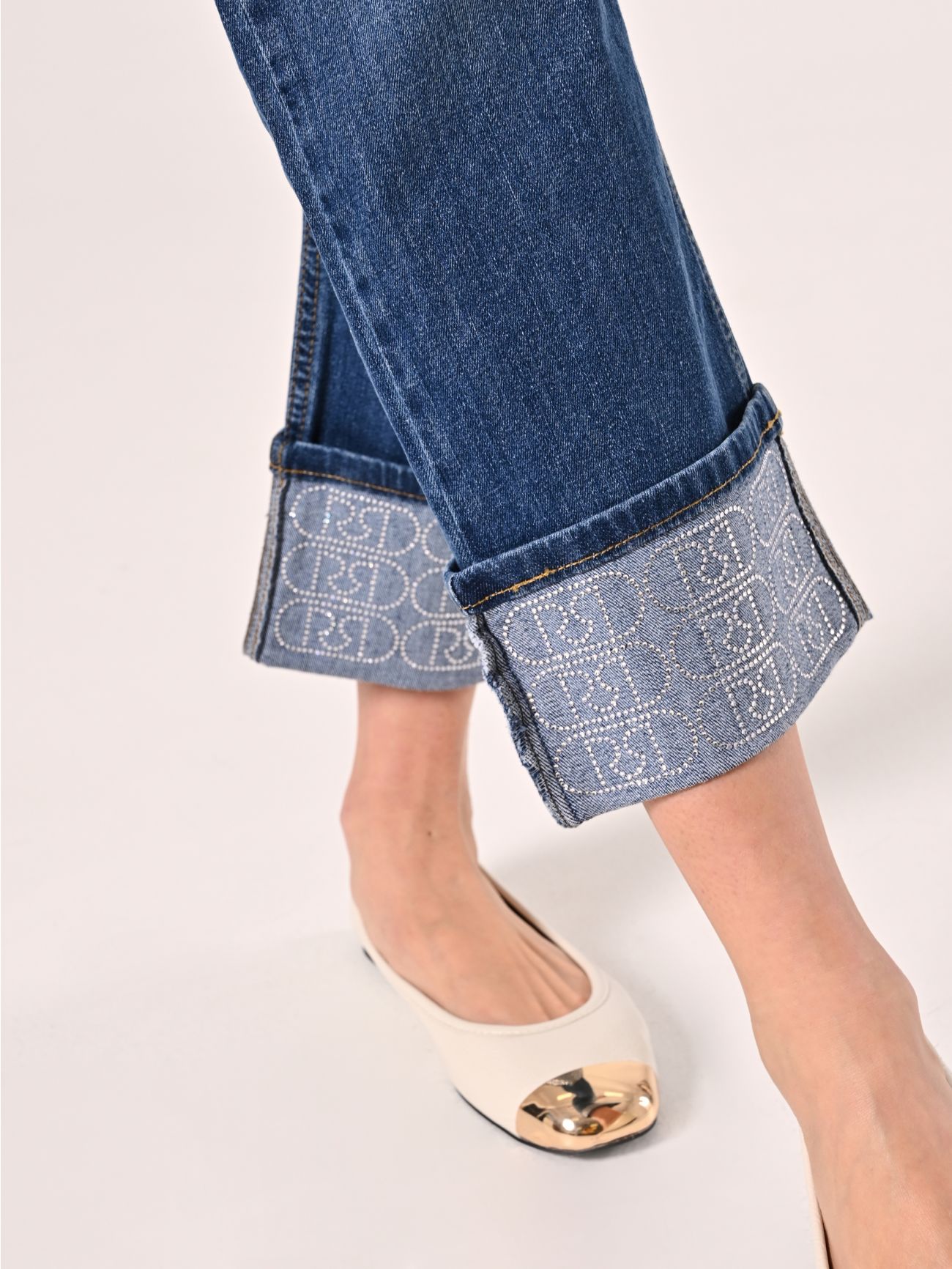Jeans with Cuffed Hem and Rhinestone Logo in_i5