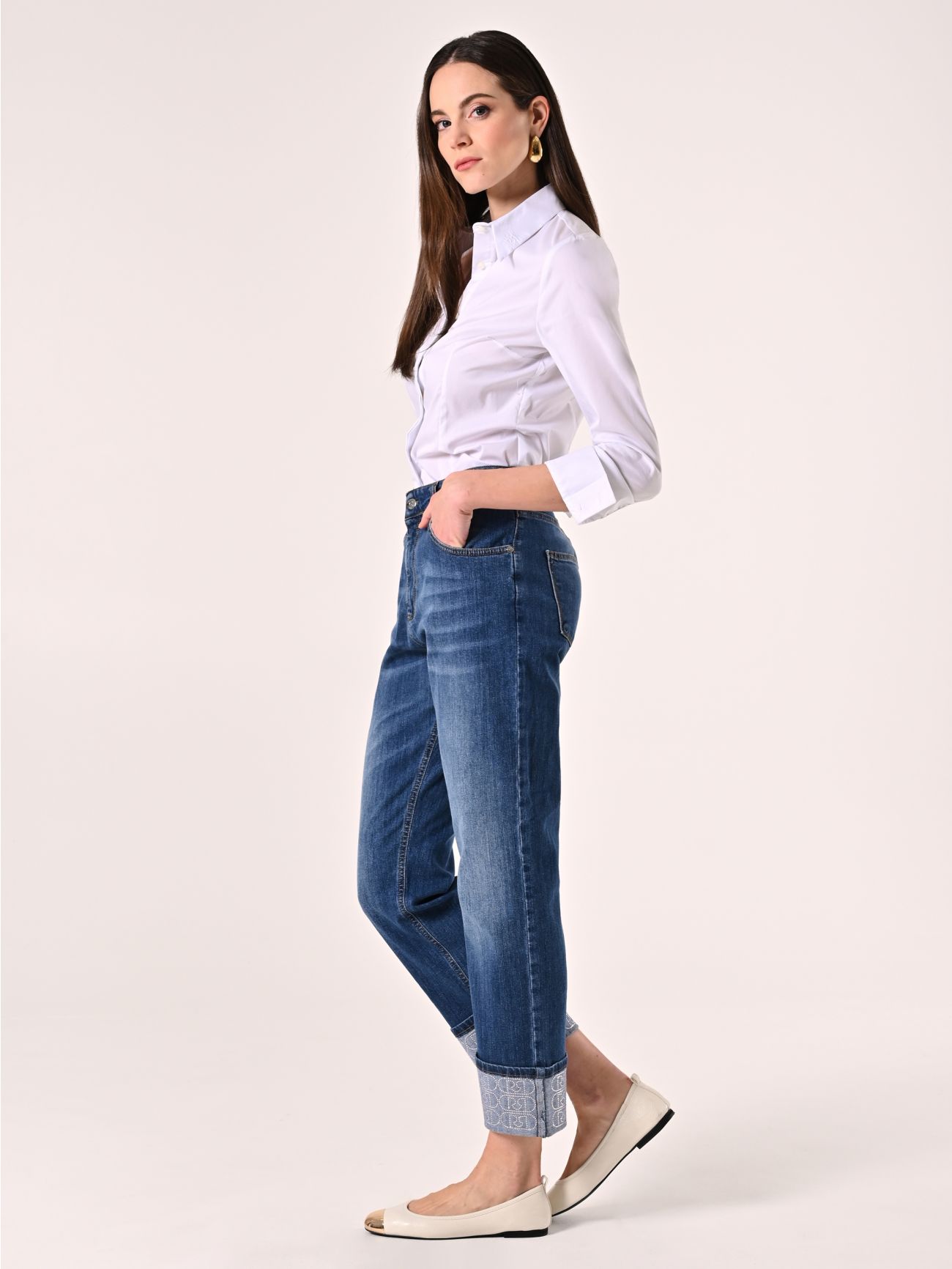 Jeans with Cuffed Hem and Rhinestone Logo in_i7