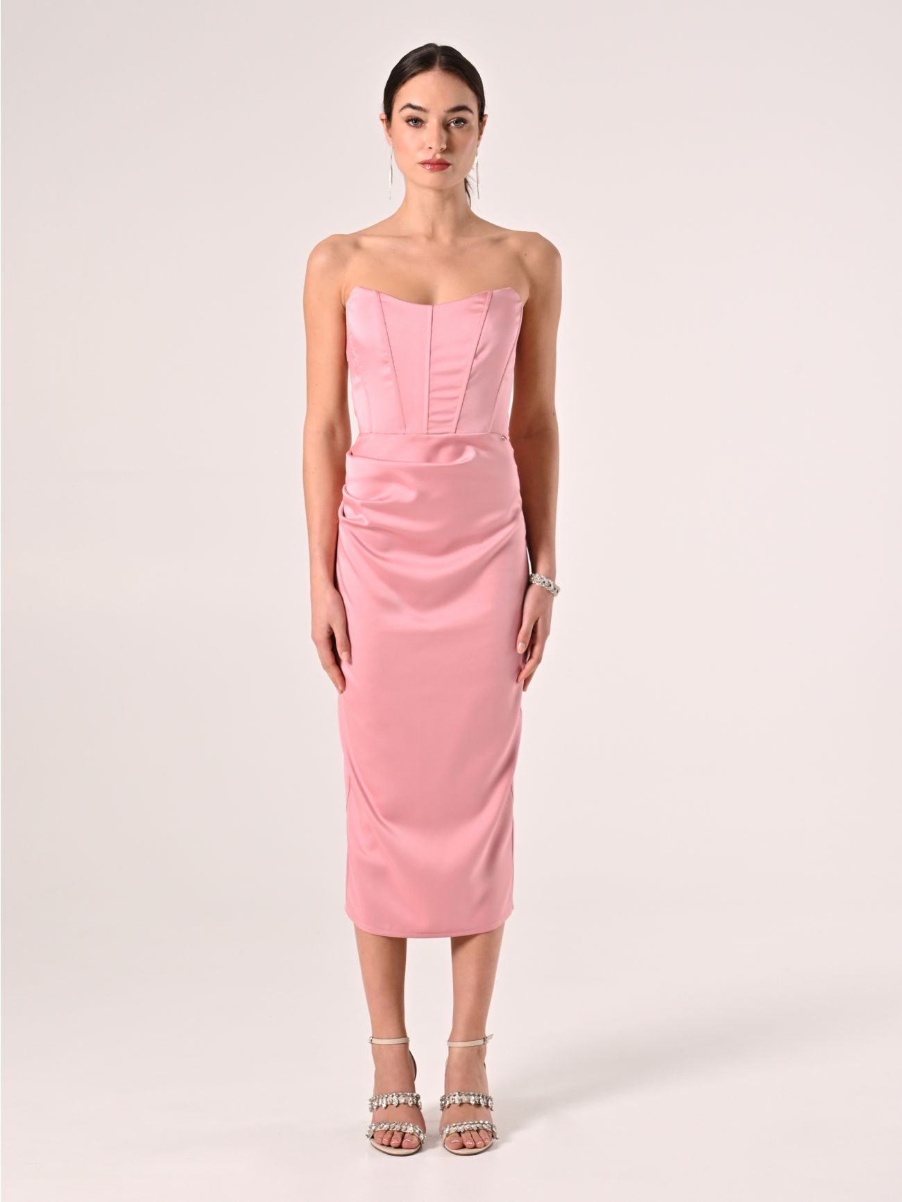 Pink Satin Midi Bustier Dress det_1
