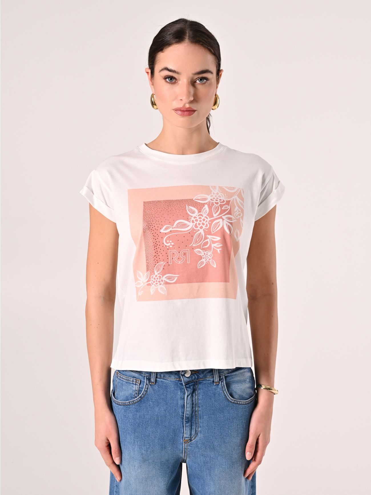Bawełniany T-Shirt z nadrukiem z motywem róż i kryształków det_2