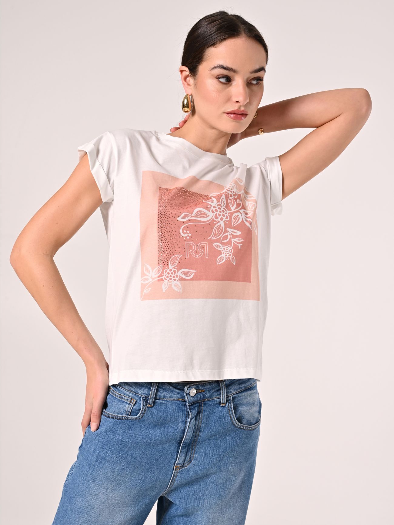 Bawełniany T-Shirt z nadrukiem z motywem róż i kryształków in_i7