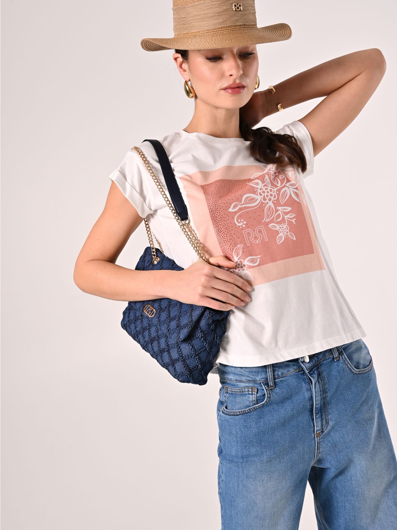 Cotton T-shirt with Rhinestone & Rose Print  Rinascimento