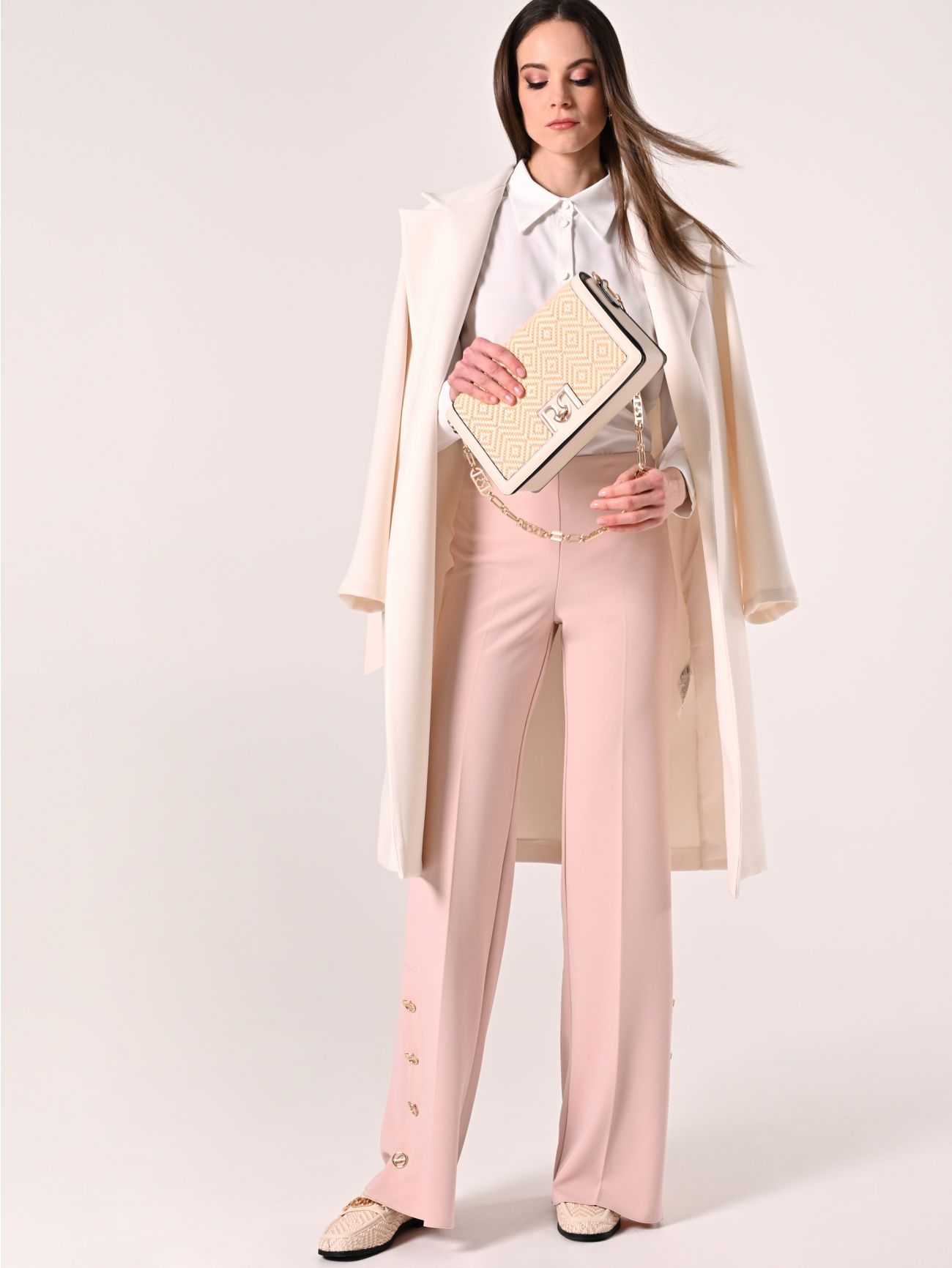 Pantaloni Palazzo in Scuba Mano Crepe Rosa Chiaro  Rinascimento