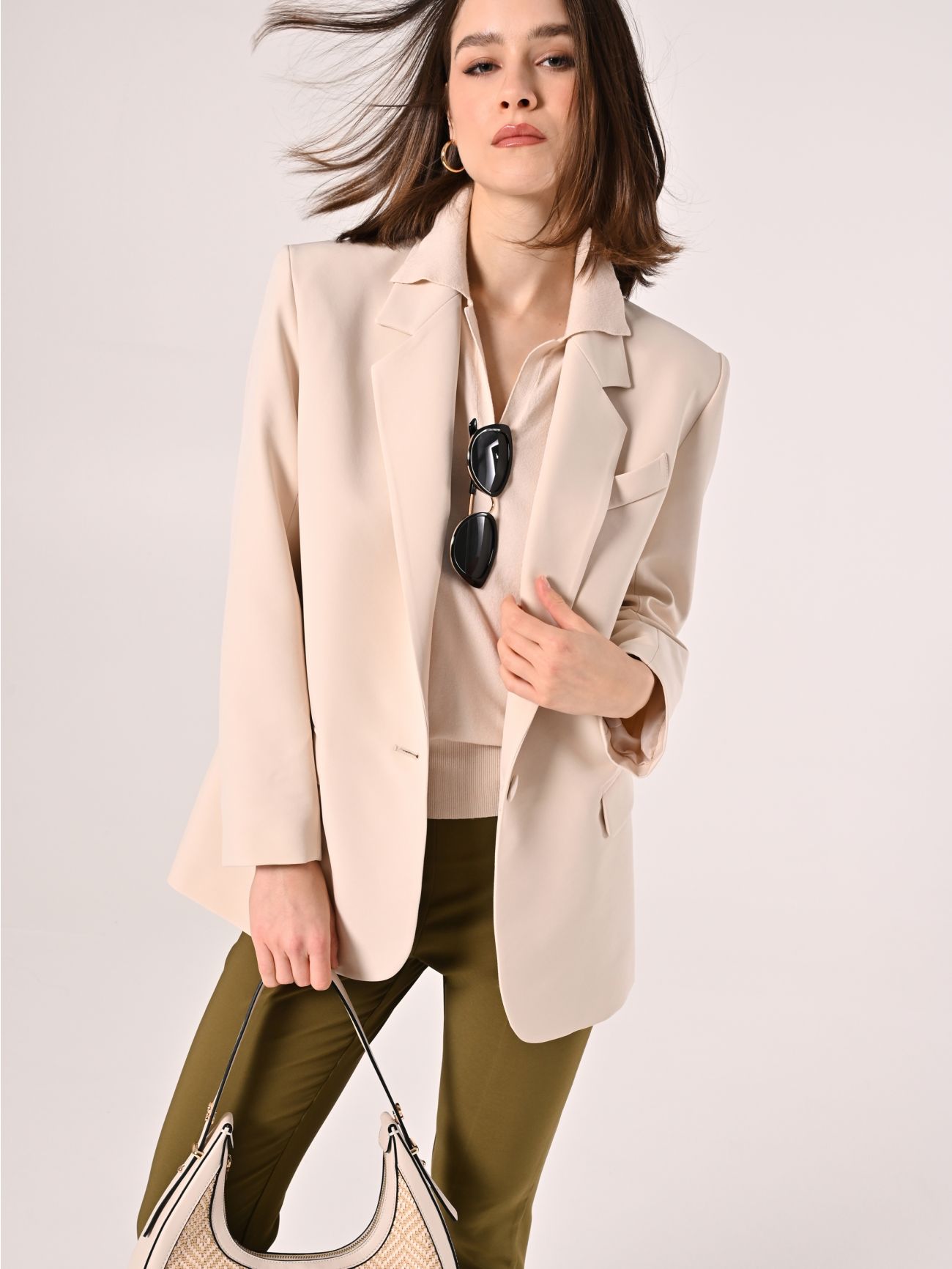 Beige Jacket in Technical Fabric with Covered Button  Rinascimento