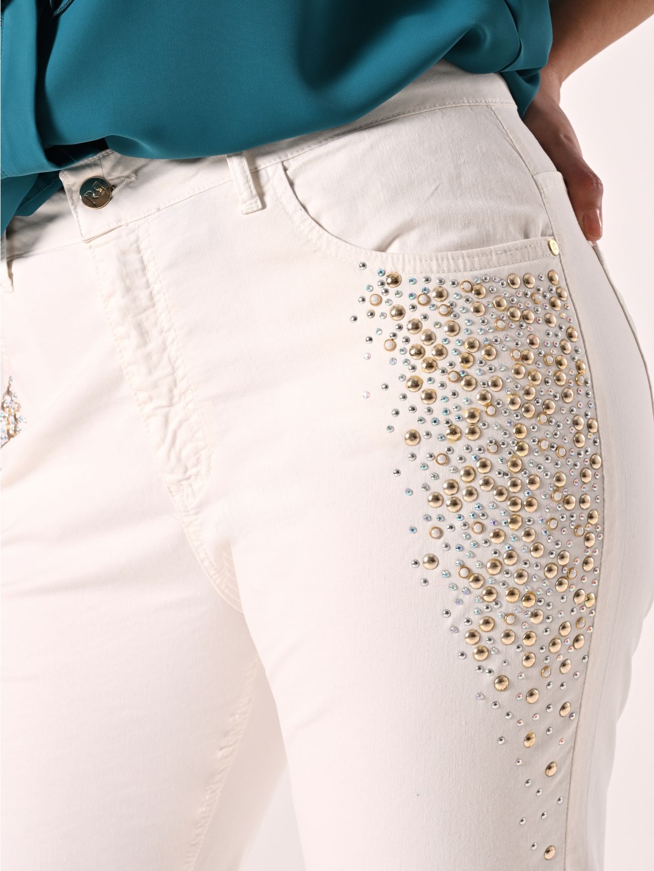 Curvy White Jeans with Studs and Rhinestones in_i5