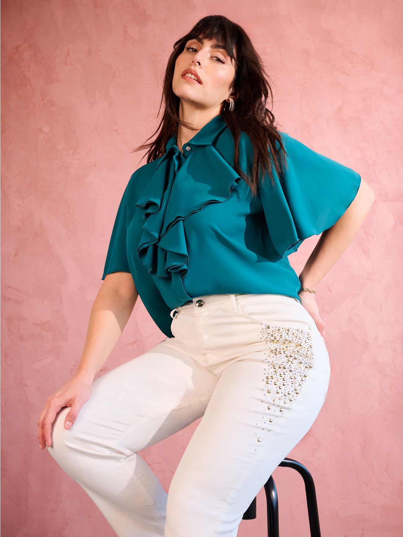 Jean curvy blanc avec clous et strass  Rinascimento