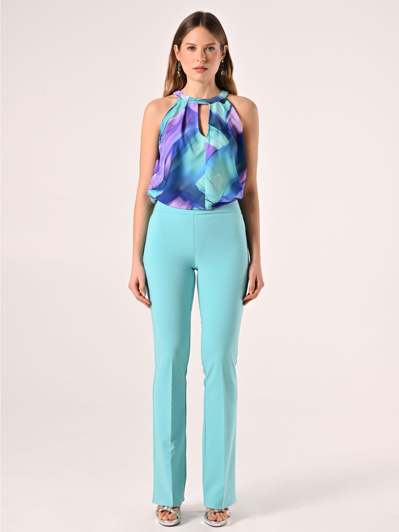 Pantaloni in Tessuto Tecnico Verde Acqua con Fascione in Vita det_1
