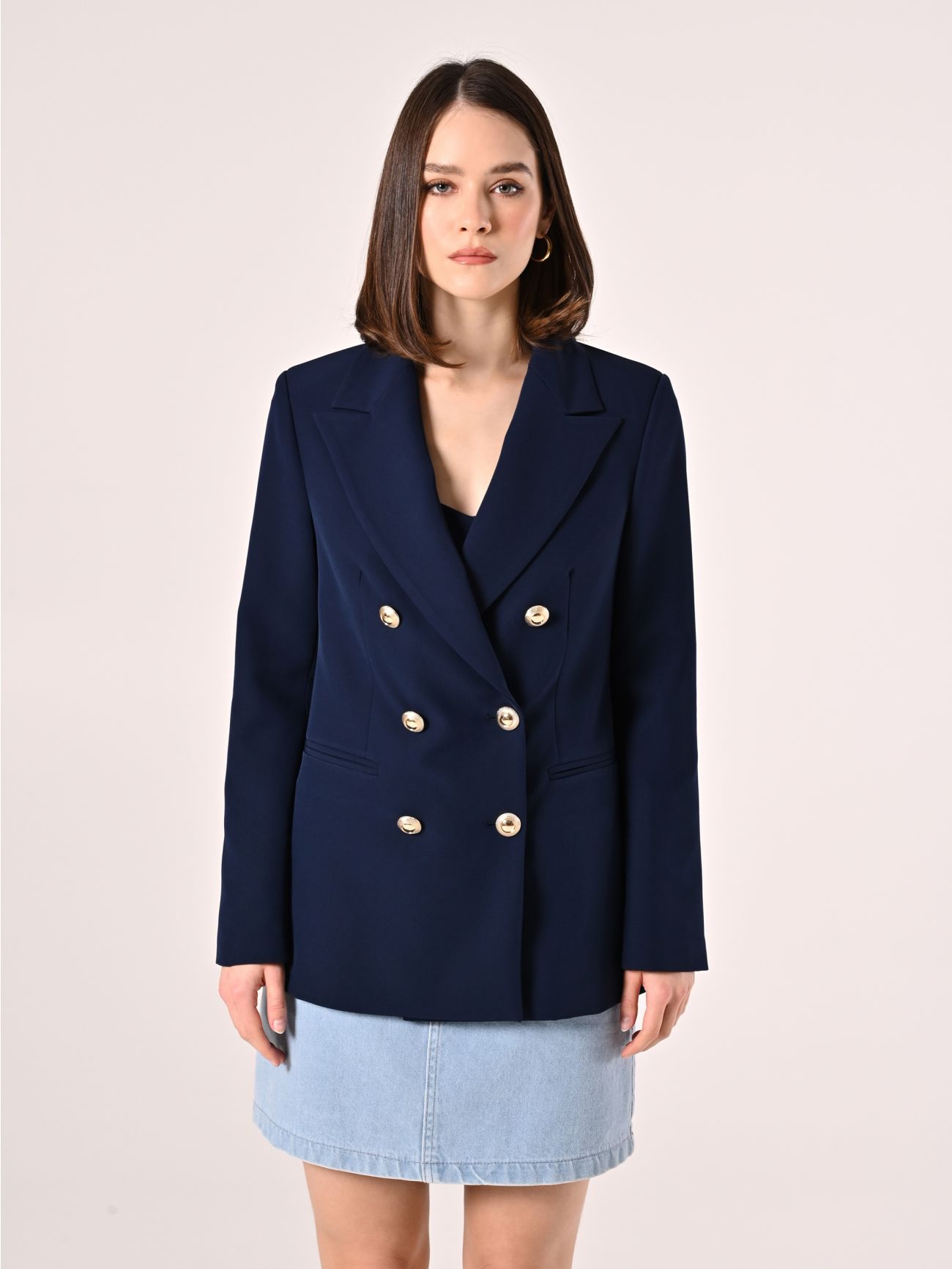 Double-breasted Jacket in Blue Technical Fabric det_2
