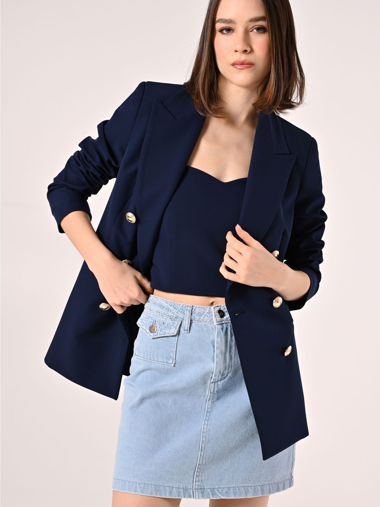 Double-breasted Jacket in Blue Technical Fabric in_i7