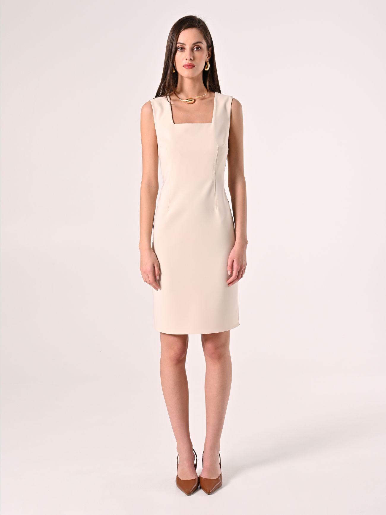 Vestido de tubo de tejido técnico beige claro det_1