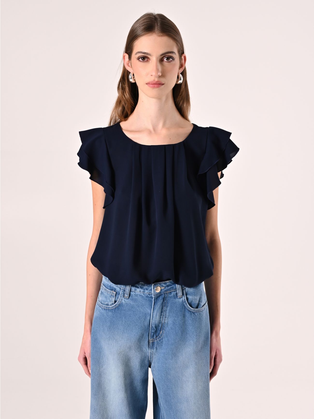 Bluse mit Flügelärmeln in Marineblau det_2