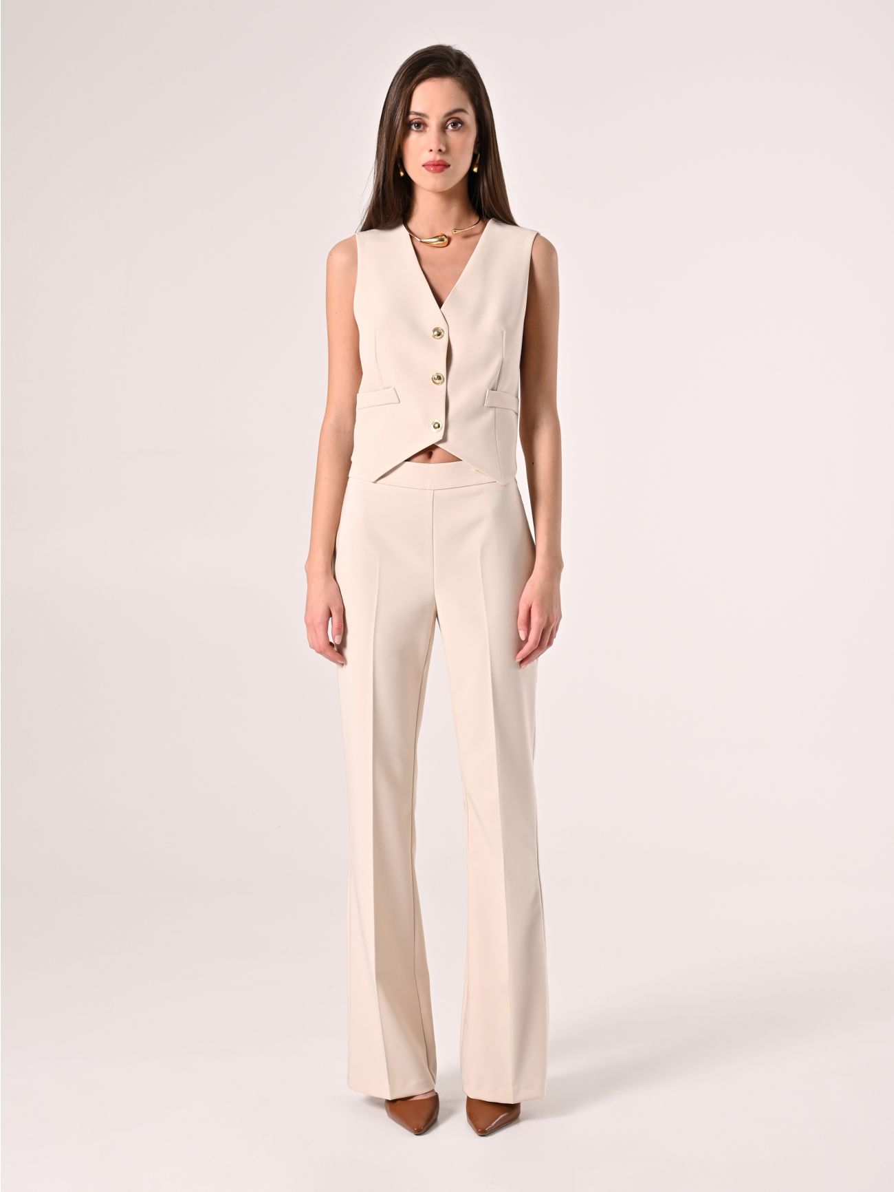 Flared Trousers in Light Beige Technical Fabric det_1