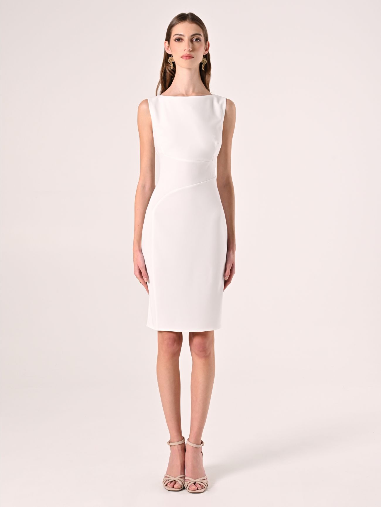 White Scuba Crepe Sheath Dress det_1