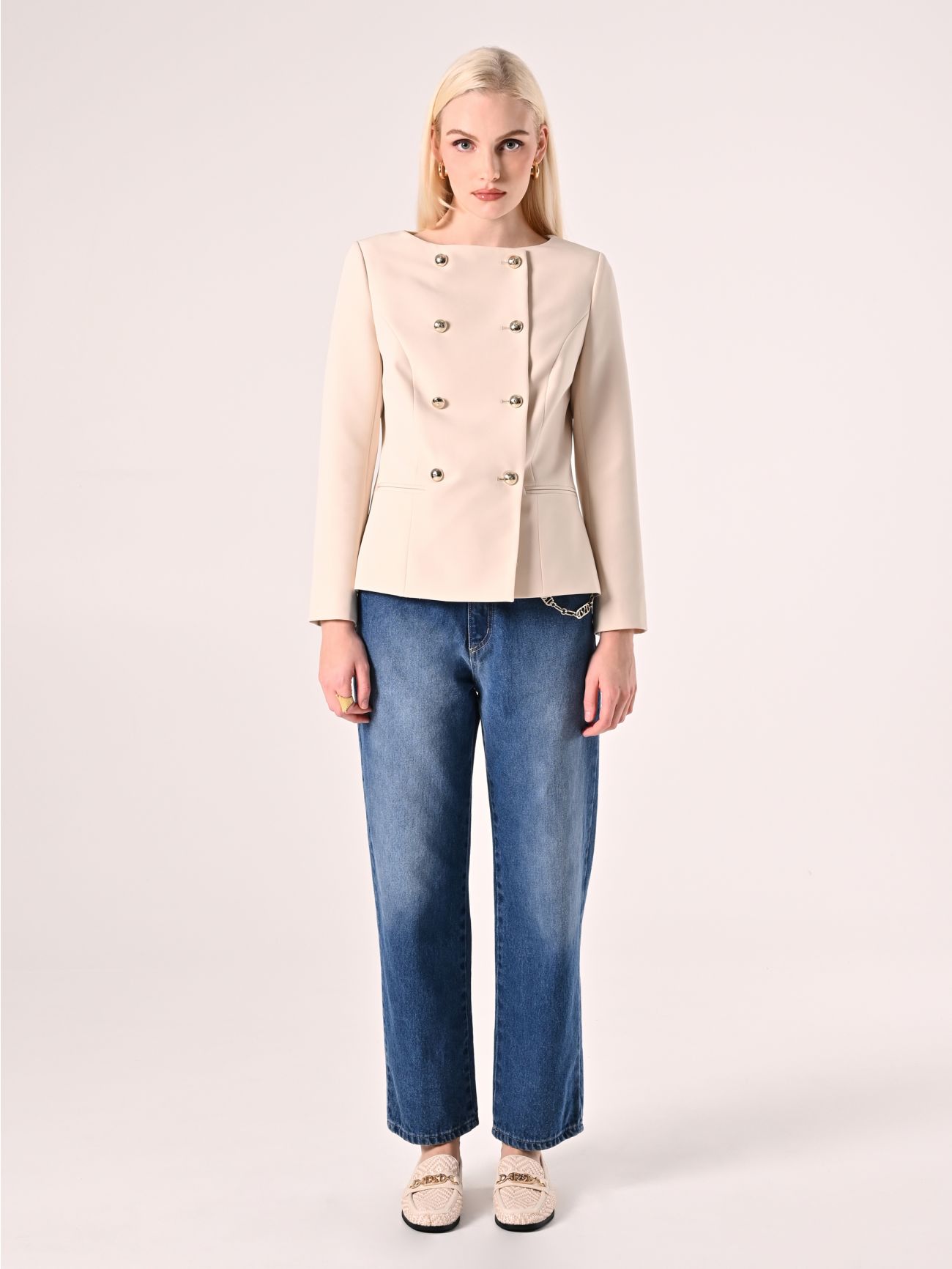 Double-Breasted Jacket in Beige Technical Fabric det_1