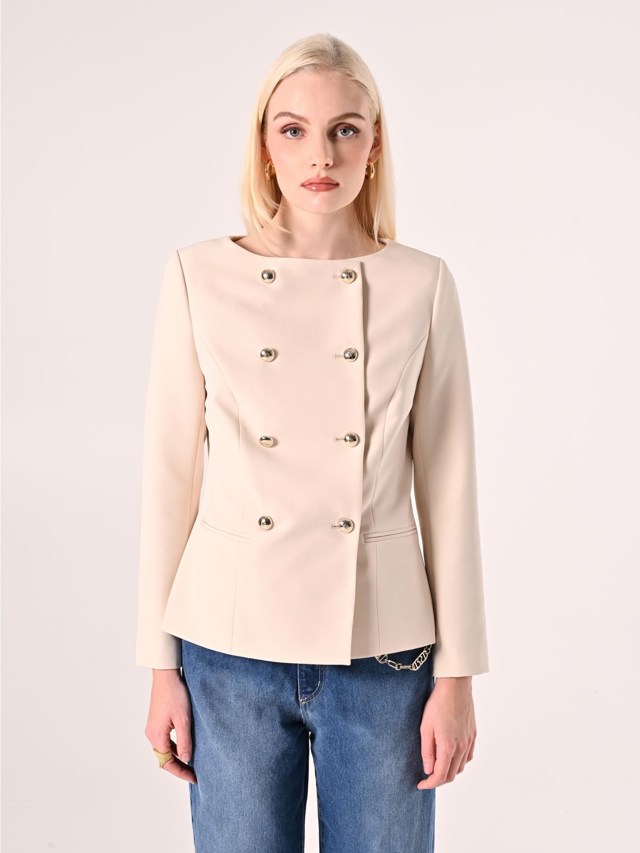 Double-Breasted Jacket in Beige Technical Fabric det_2