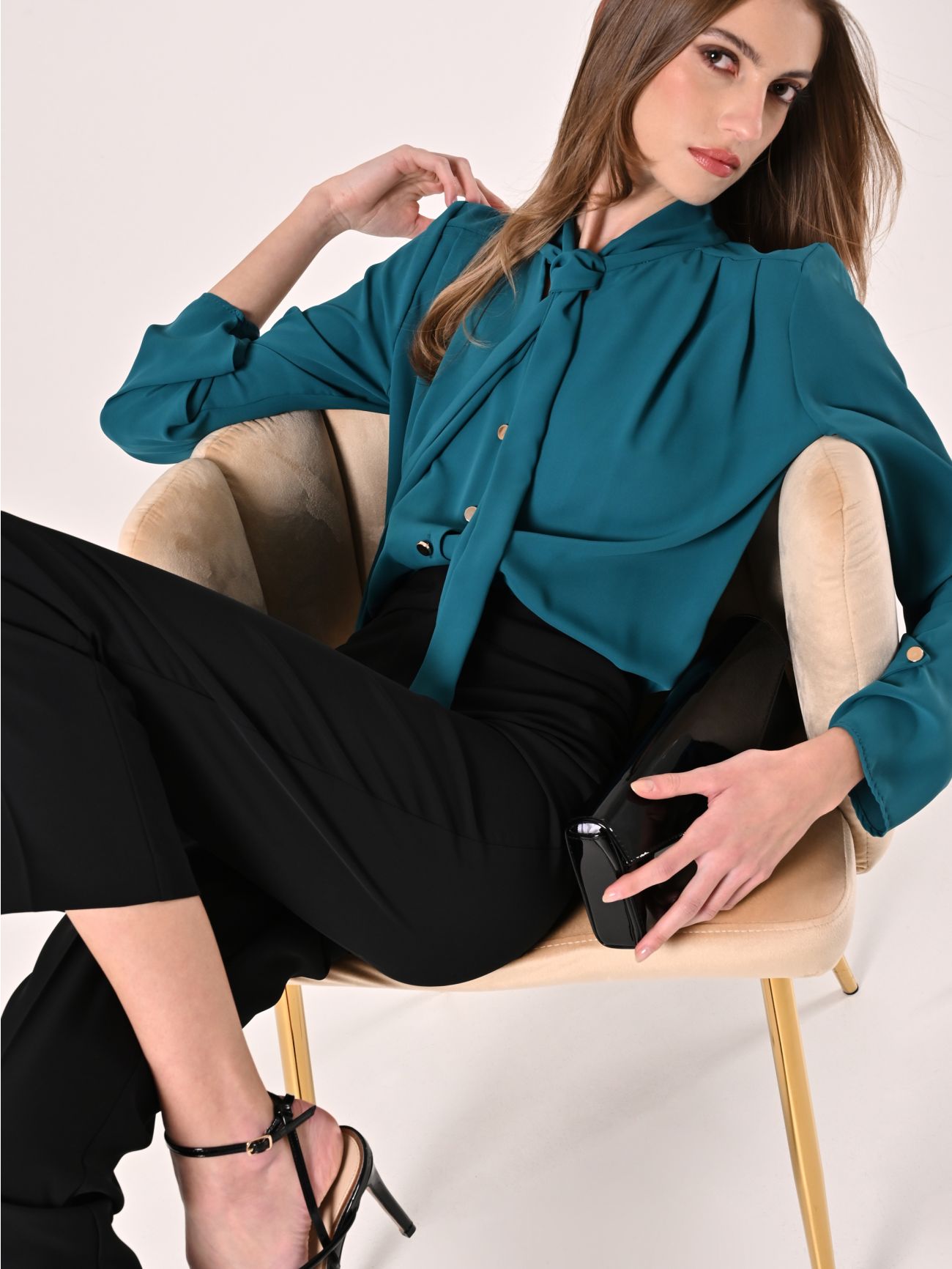 Royal Green Blouse with Bow and Darts  Rinascimento