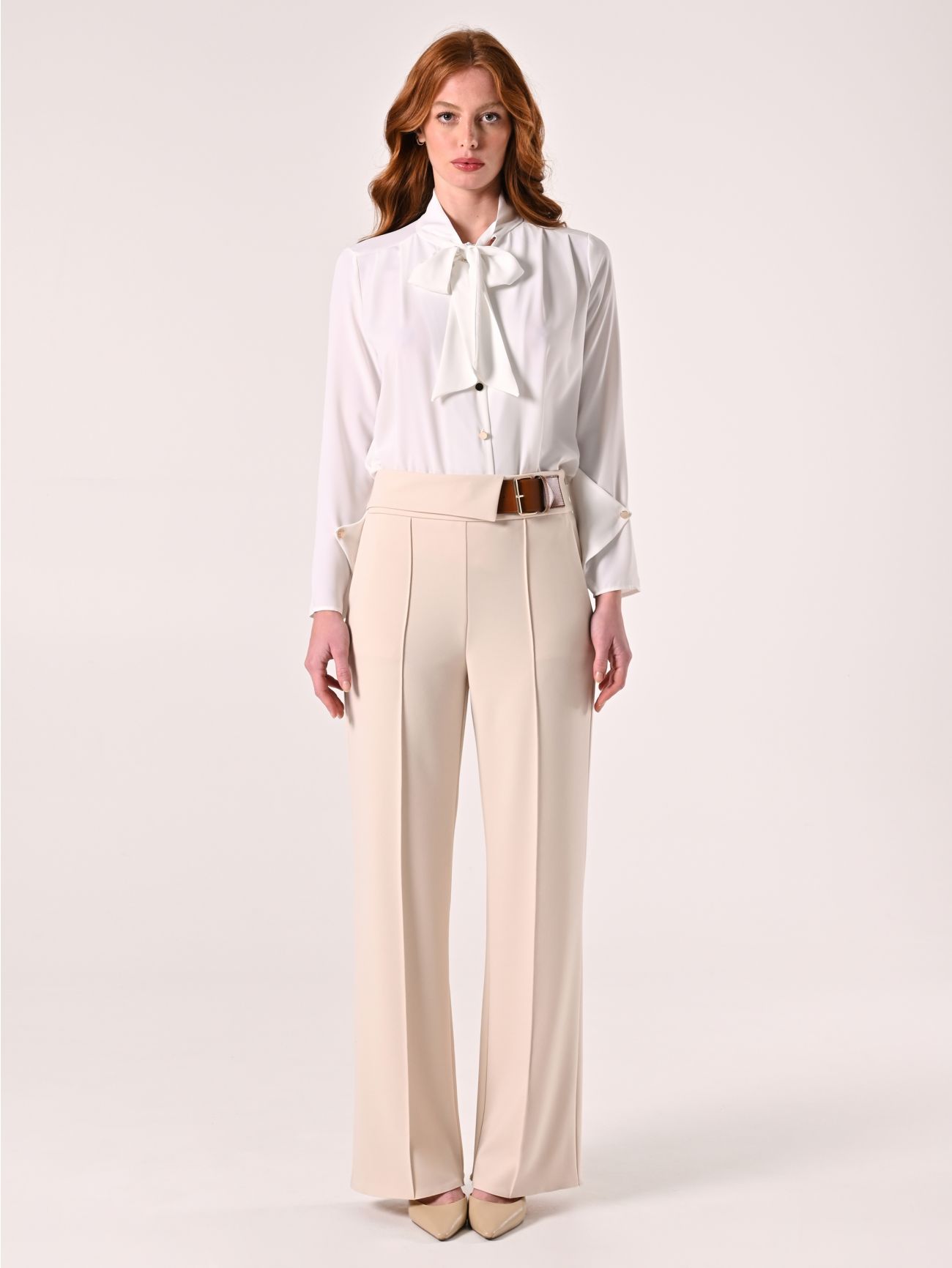 Beige Pants with Buckle in Scuba Crepe Fabric det_1
