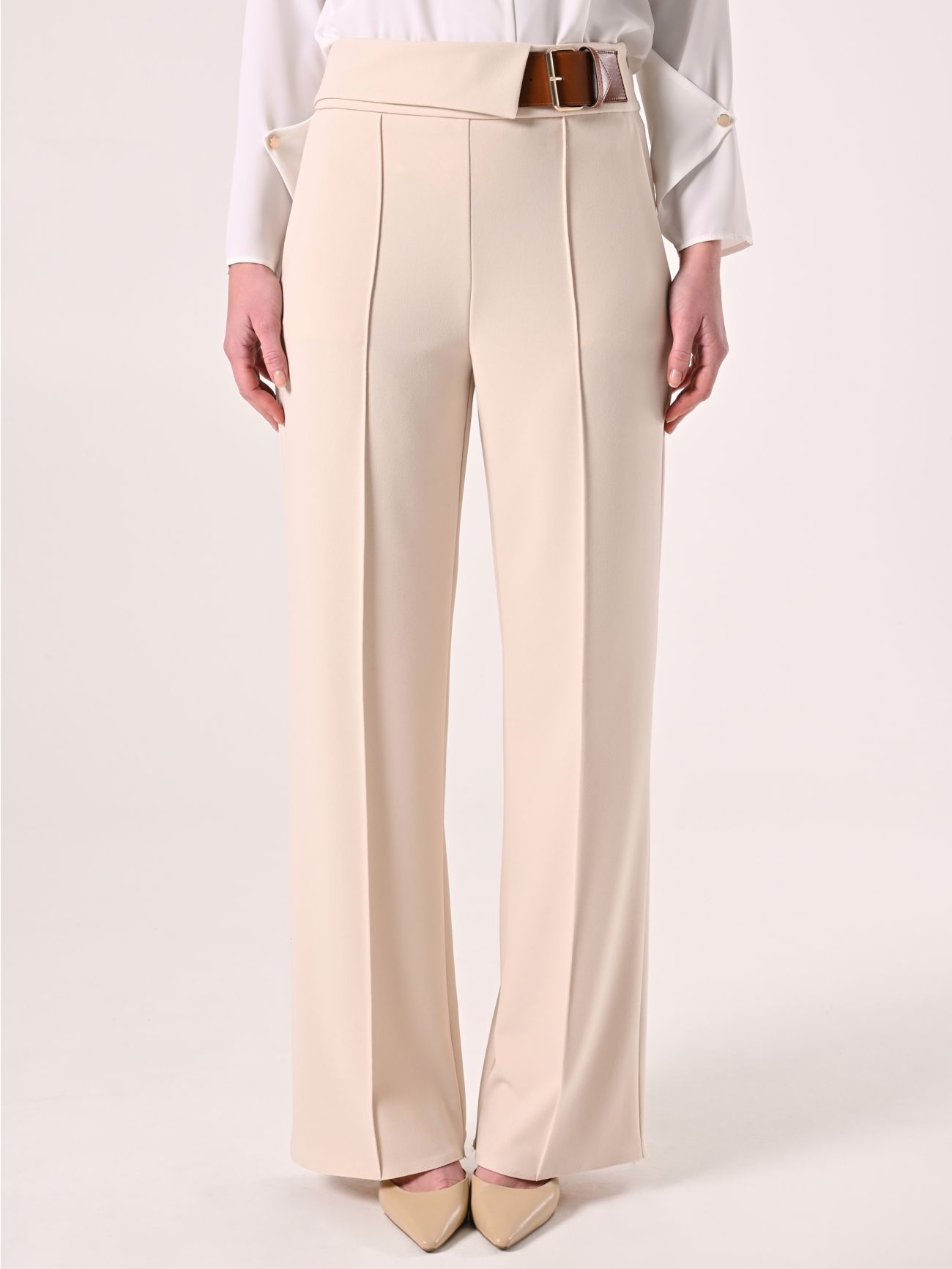 Beige Pants with Buckle in Scuba Crepe Fabric det_2