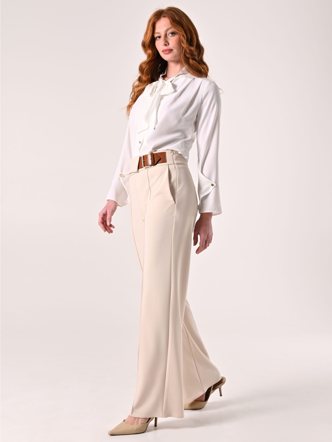 Beige Pants with Buckle in Scuba Crepe Fabric in_i7
