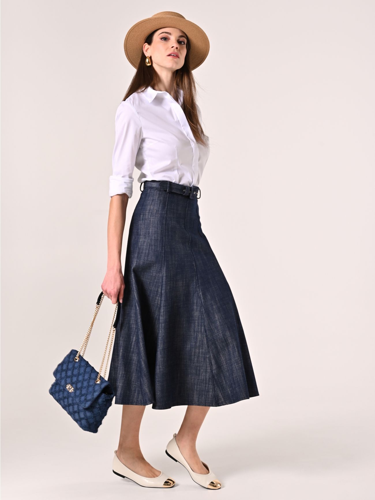 Gonna Midi in Denim con Cintura Ricoperta  Rinascimento