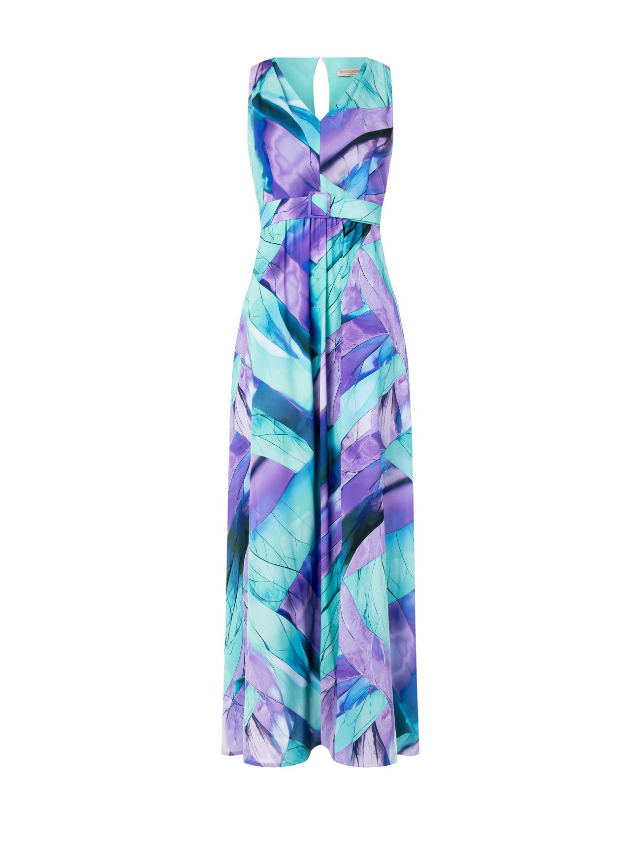 Langes Kleid mit abstraktem Muster und überzogenem Gürtel det_4