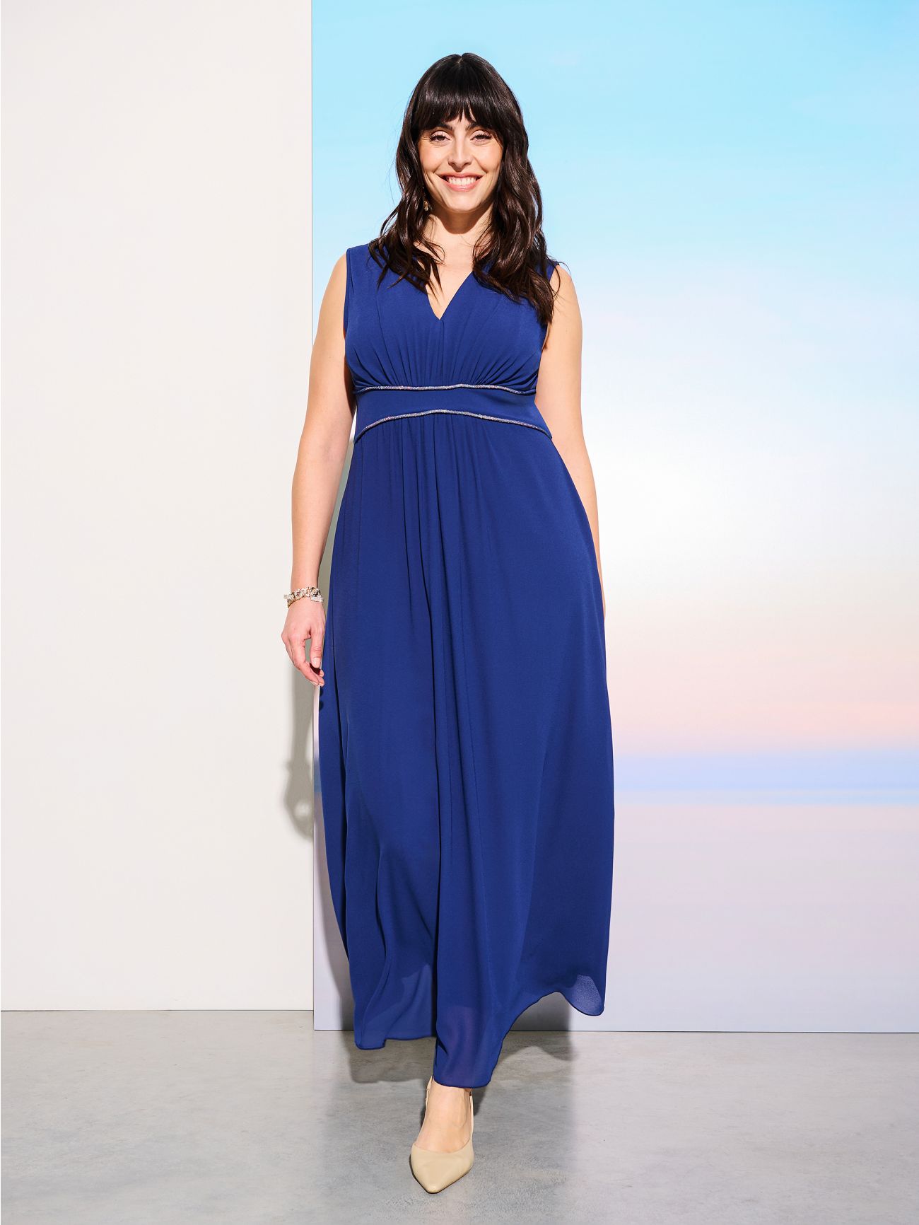 Abito Blu Curvy Lungo con Piping Strass  Rinascimento