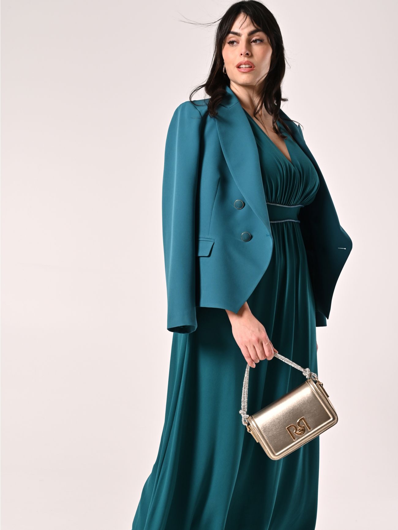 Abito Curvy Verde Reale Lungo con Piping Strass  Rinascimento