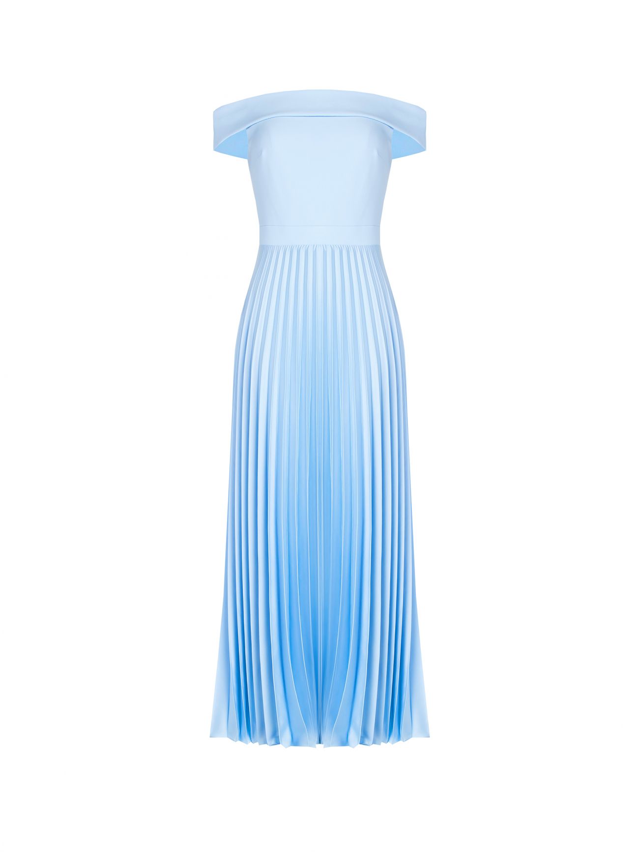 Schulterfreies Kleid in Hellblau mit plissiertem Rock det_4