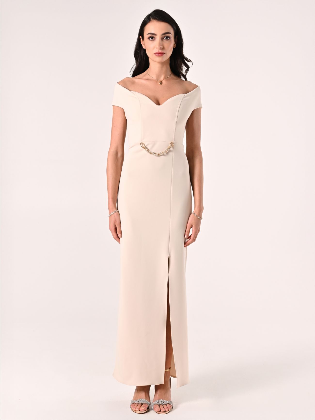 Robe longue beige clair en néoprène det_1