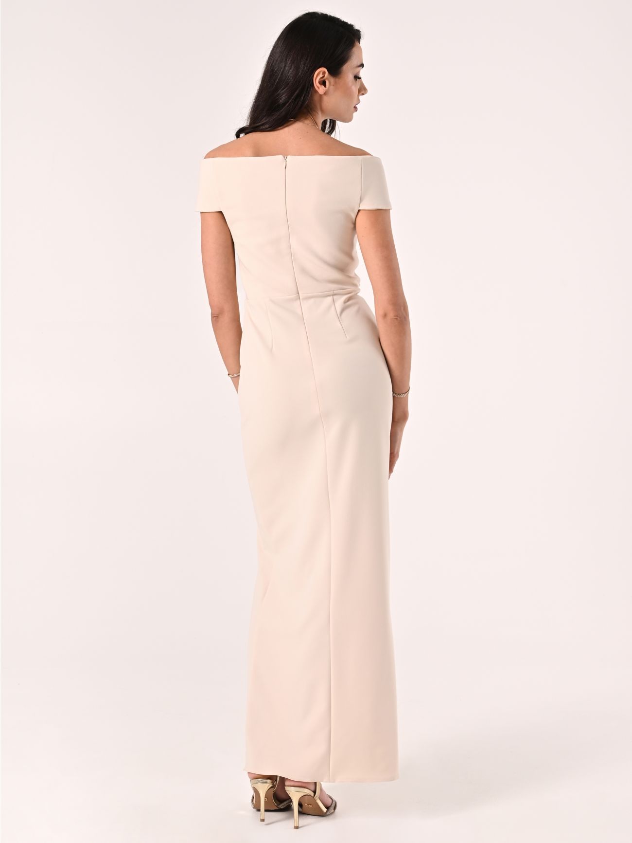 Robe longue beige clair en néoprène det_3