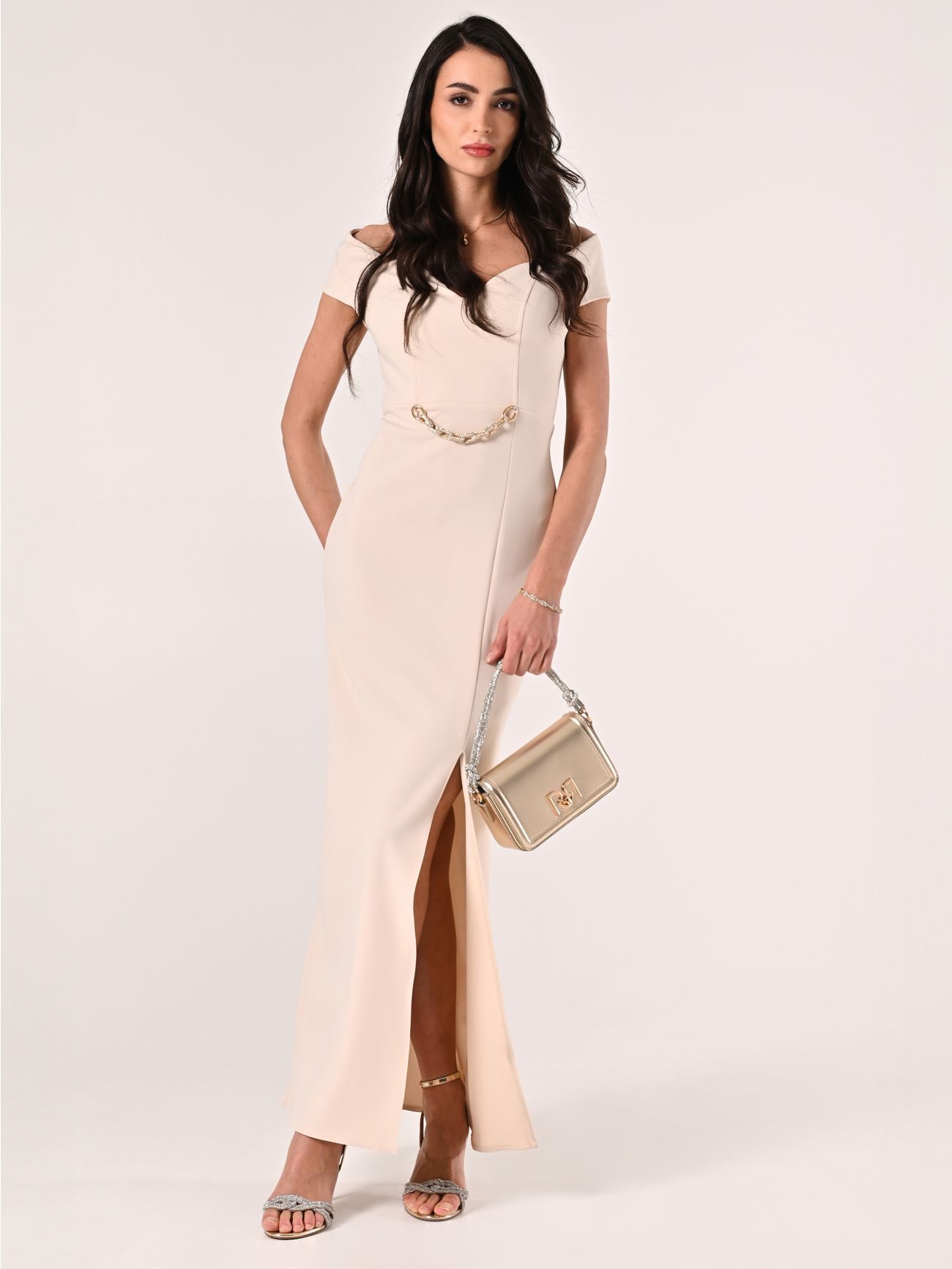 Robe longue beige clair en néoprène sp_e1