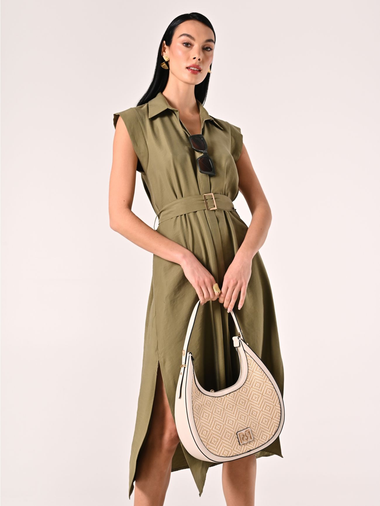 Vestido camisero de viscosa verde militar sp_e1