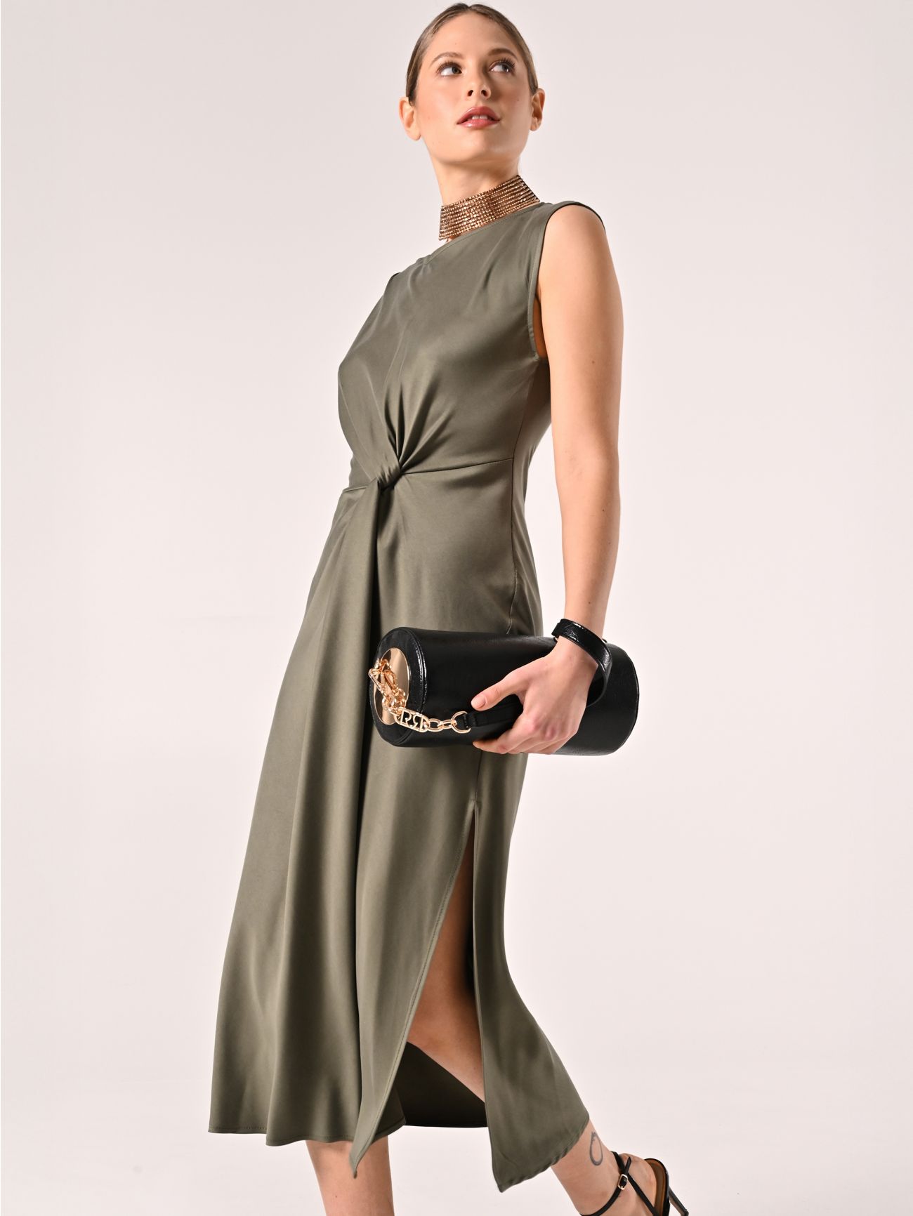 Robe à nœud vert militaire en viscose sp_e1